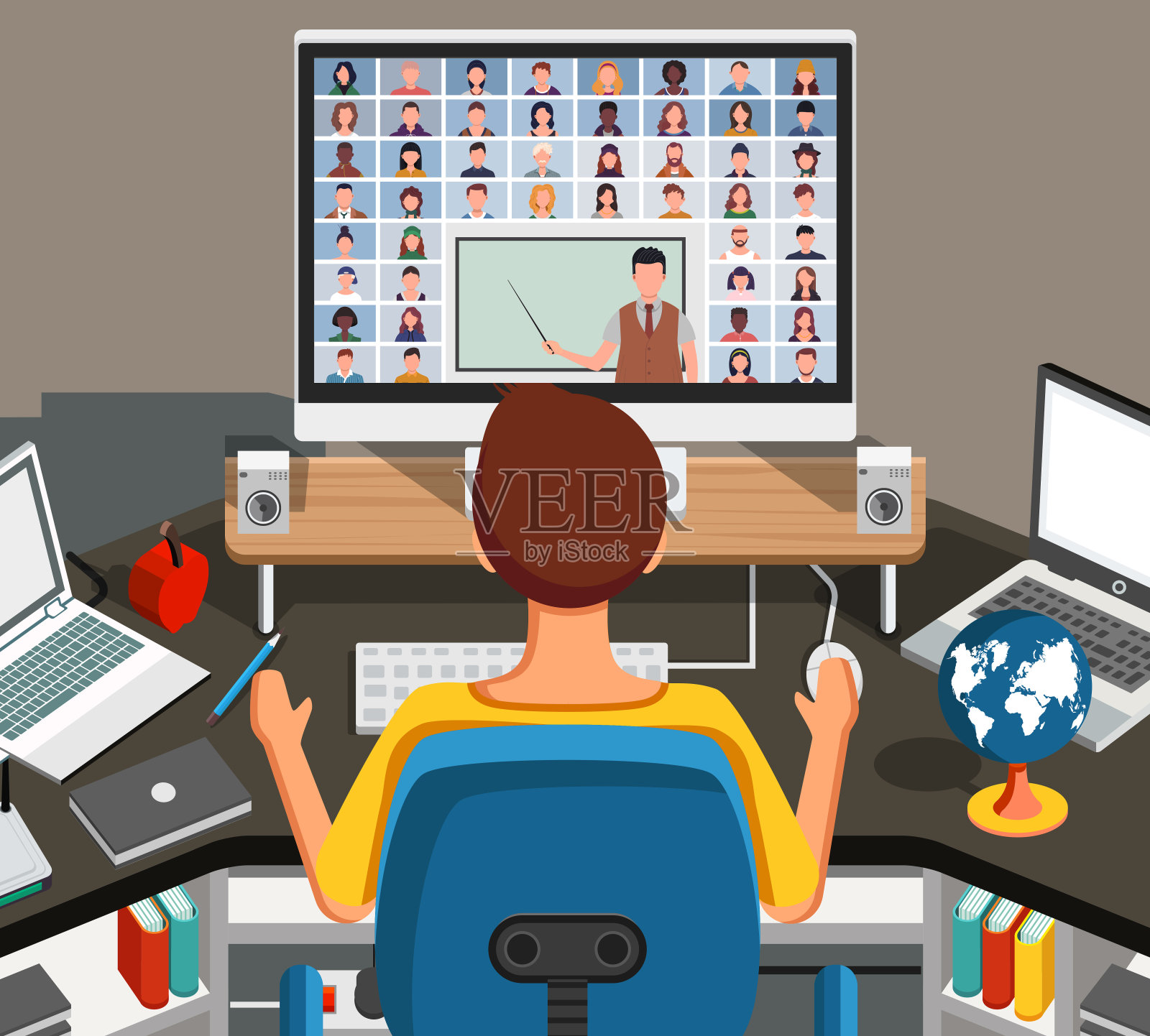 一个人坐在家里的桌子上,一边在线看课文一边学习。年轻的学生一边看电脑屏幕一边做笔记。在笔记本电脑上进行视频电话会议。远程教育概念矢量插图。插画图片素材