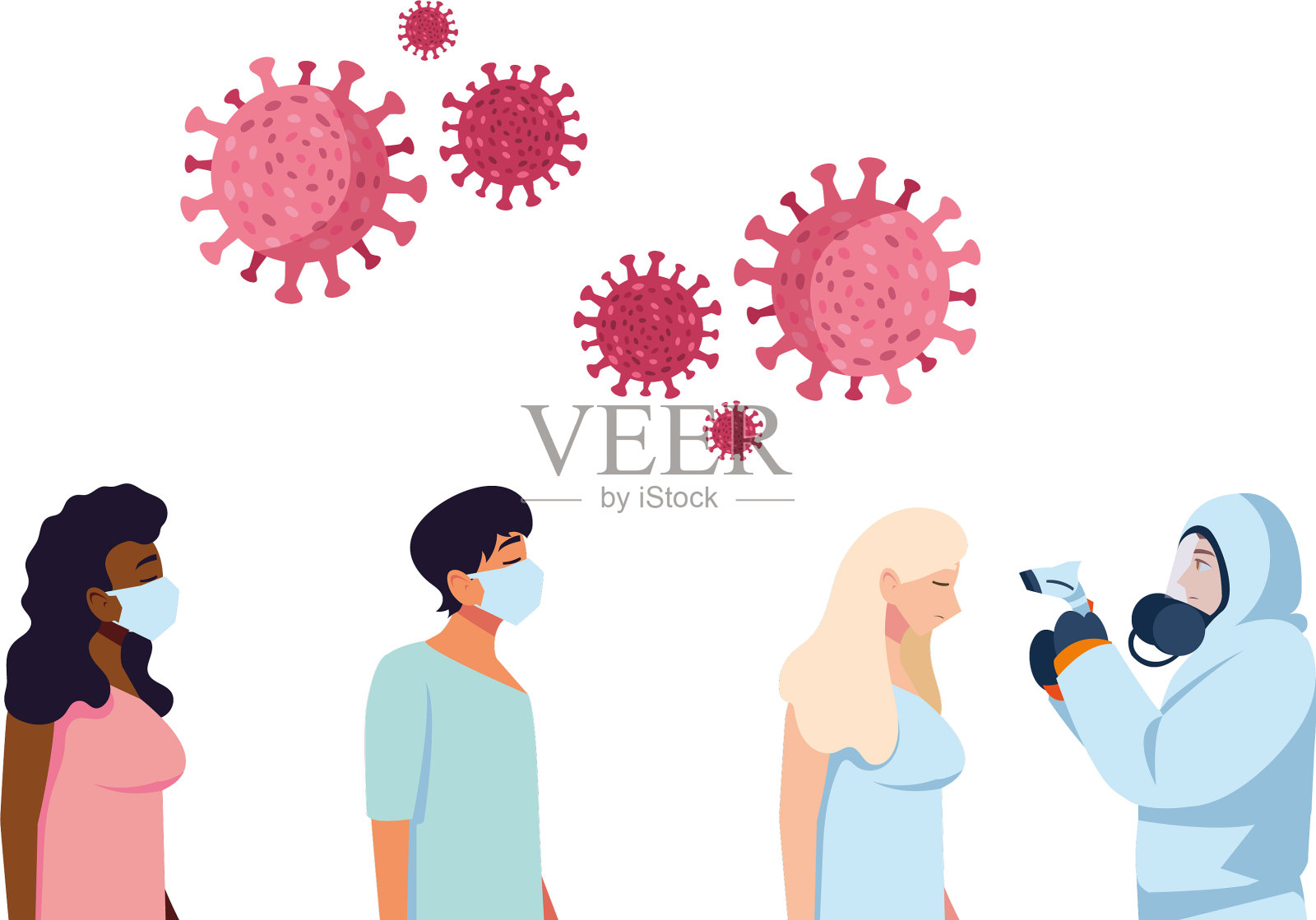 医生带着防护服和温度计枪插画图片素材