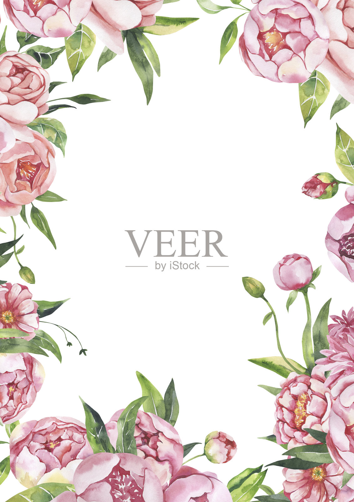 水彩花卉插图-树叶和树枝框架与花和叶子为婚礼文具,问候,壁纸,背景。玫瑰,牡丹绿叶插画图片素材