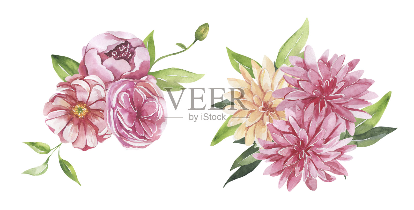 水彩花卉插图-树叶和树枝框架与花和叶子为婚礼文具,问候,壁纸,背景。玫瑰,牡丹绿叶插画图片素材