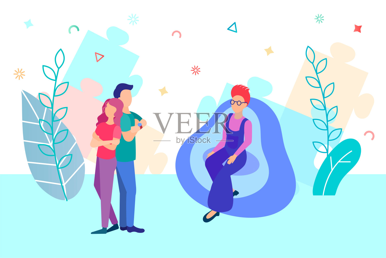 一对年轻人在心理咨询师处接受心理辅导插画图片素材