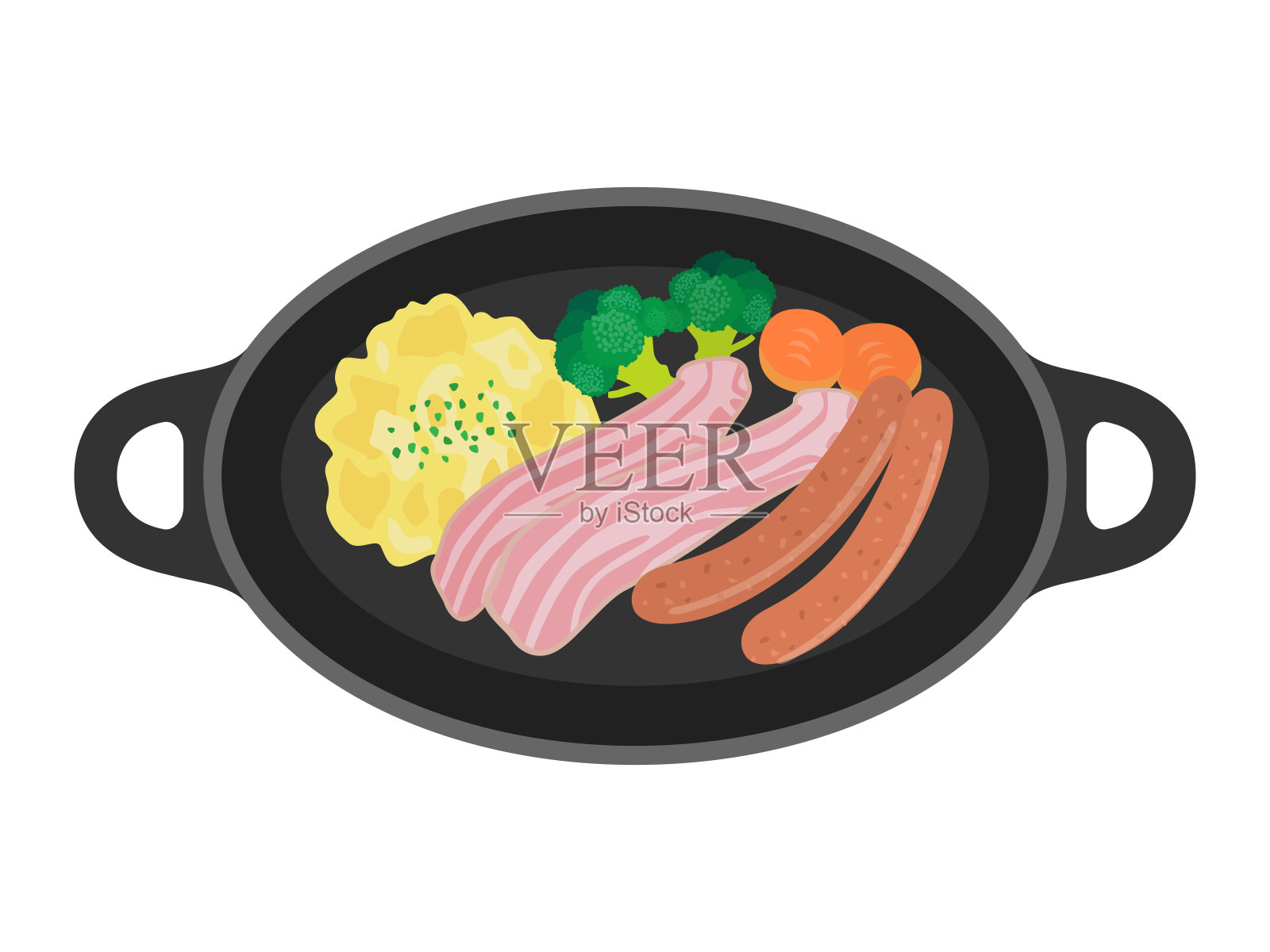 早餐放在铁盘子里。插画图片素材