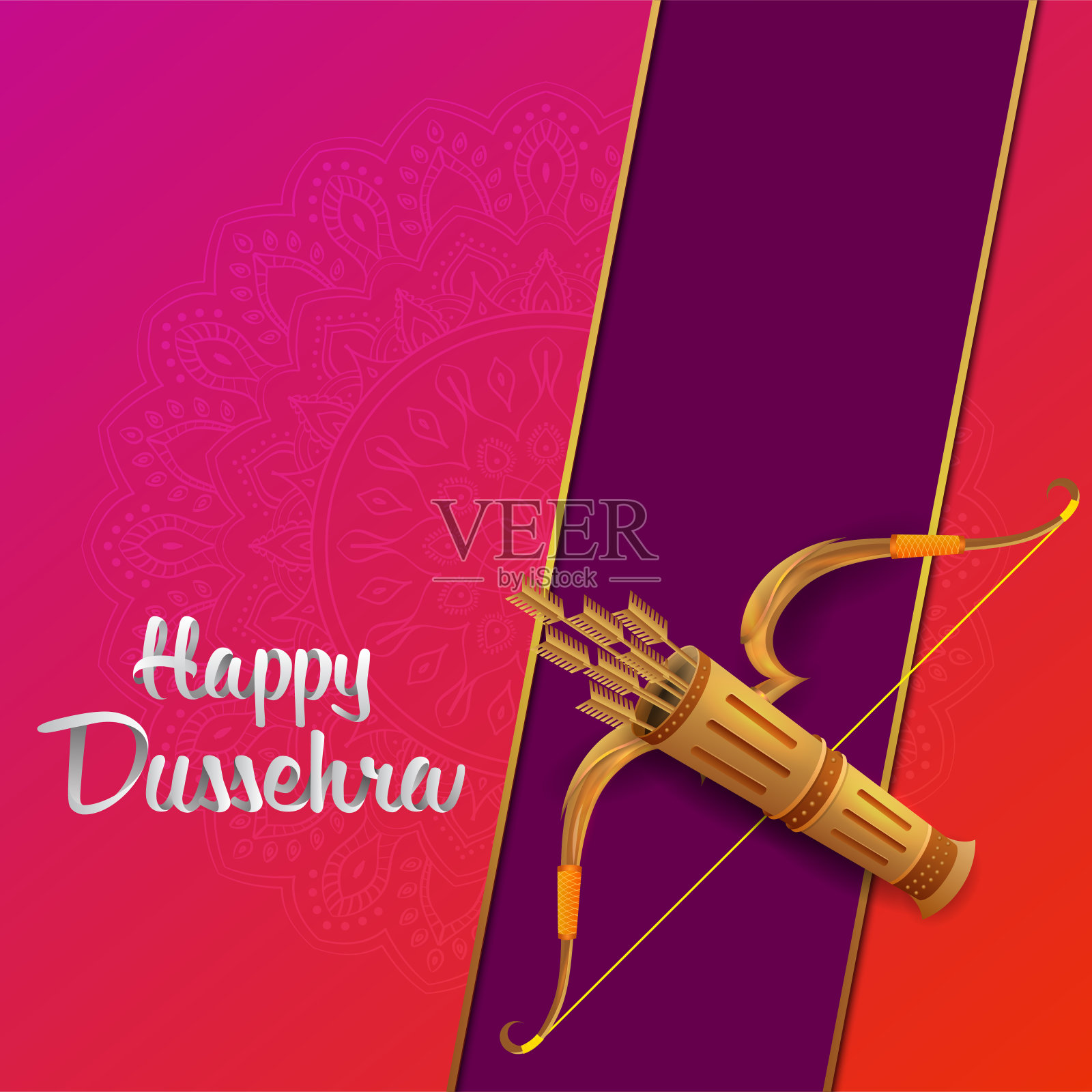 快乐的杜塞赫拉印度节日卡片与弓和箭头与紫色的背景上的3d文字设计模板素材