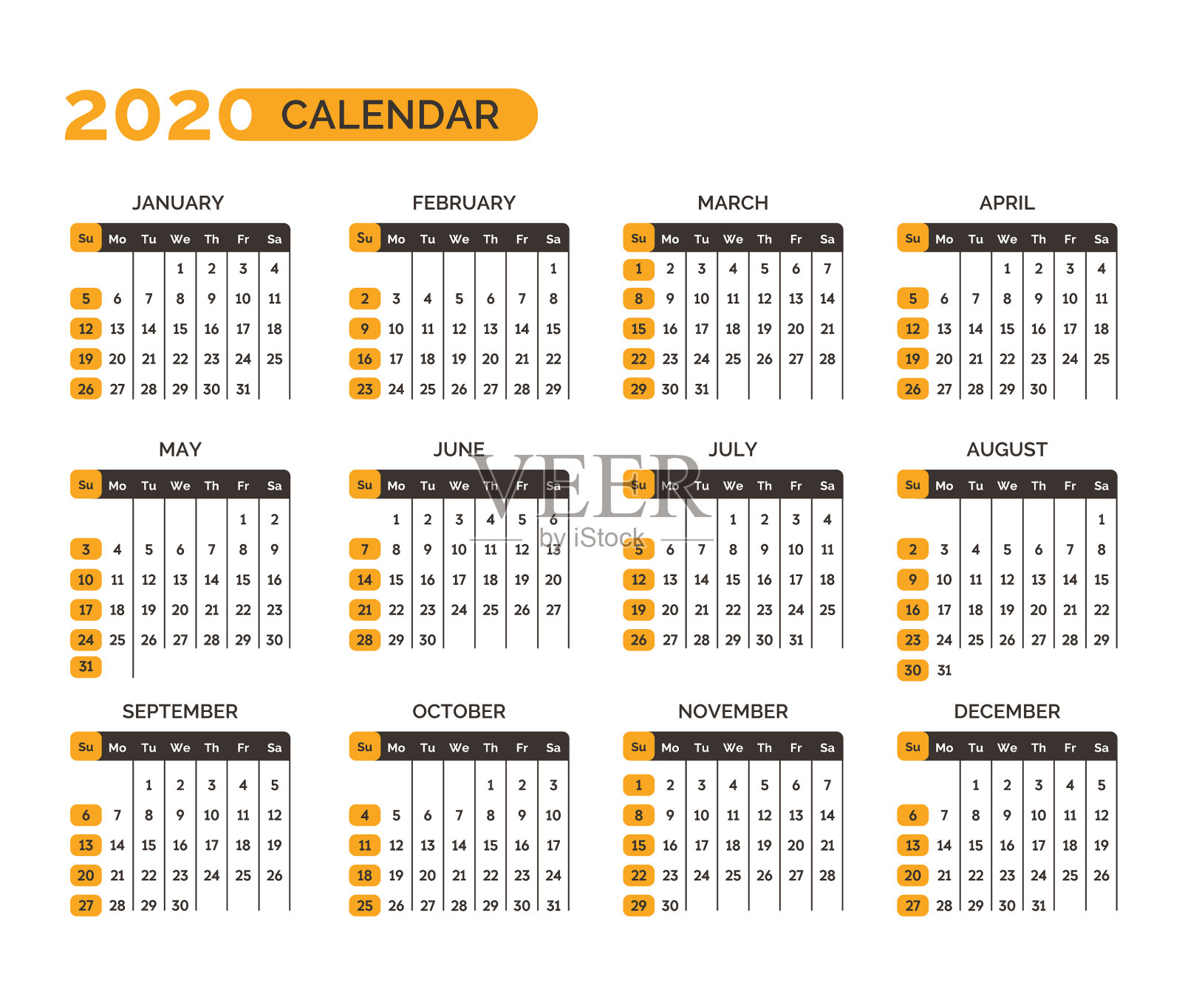 有月和周的2020年日历插画图片素材