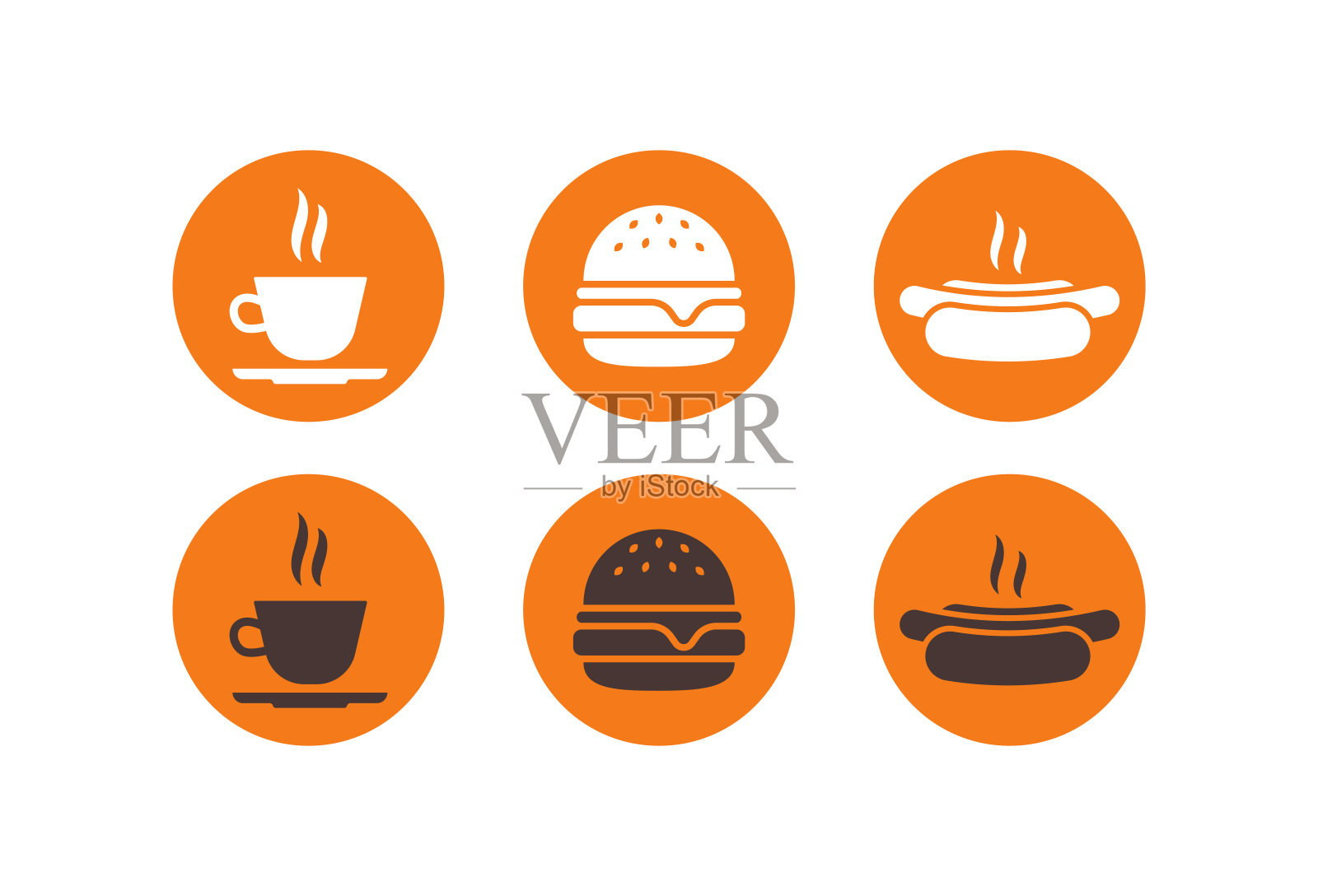 一套餐厅食物图标说明美味的汉堡,一杯咖啡和热狗。图标素材