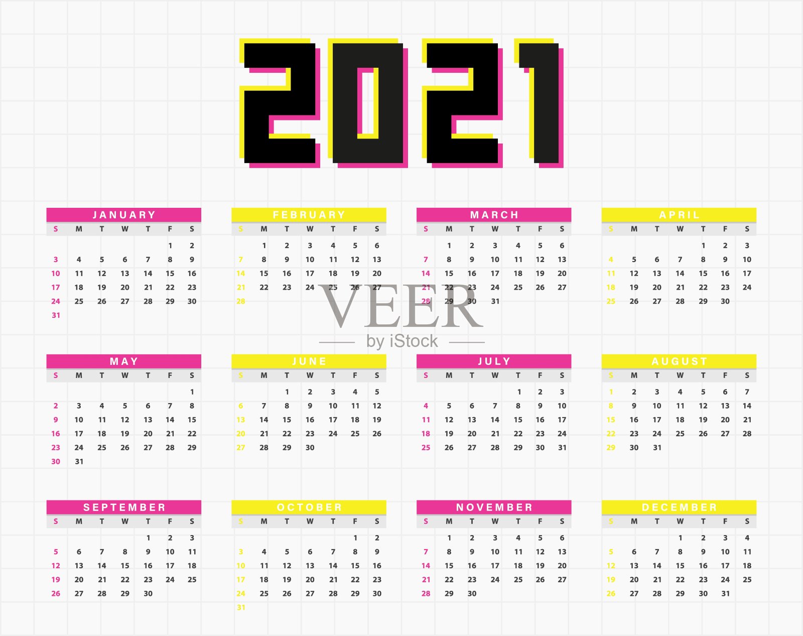 2021年日历矢量设计。动态,分裂颜色,阴影数粉红色和黄色插画图片素材