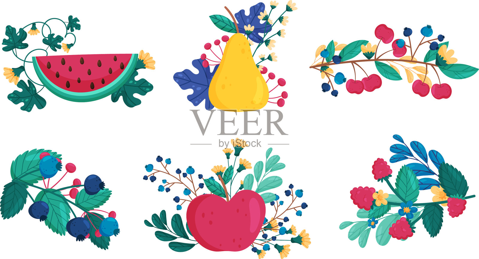 有叶的程式化的花园水果和浆果插画图片素材