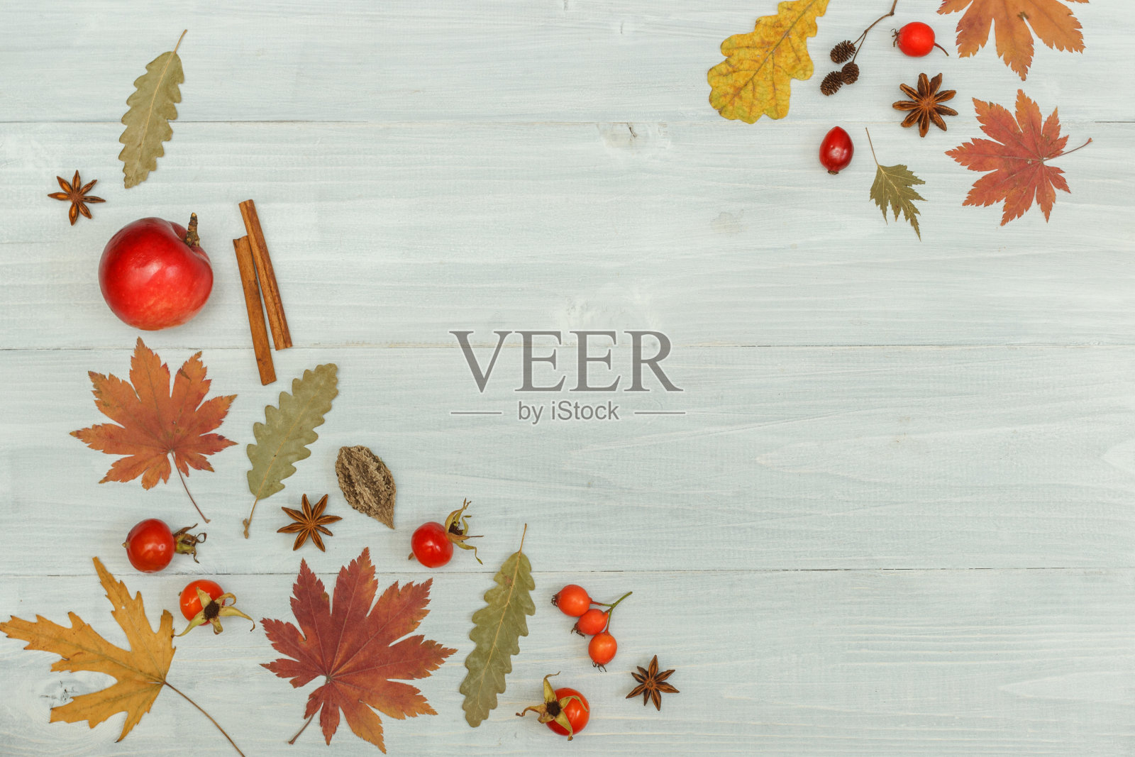 秋天的背景。干叶,玫瑰果,茴香,肉桂和苹果的图案。俯视图在一个轻木制背景,与空间。照片摄影图片