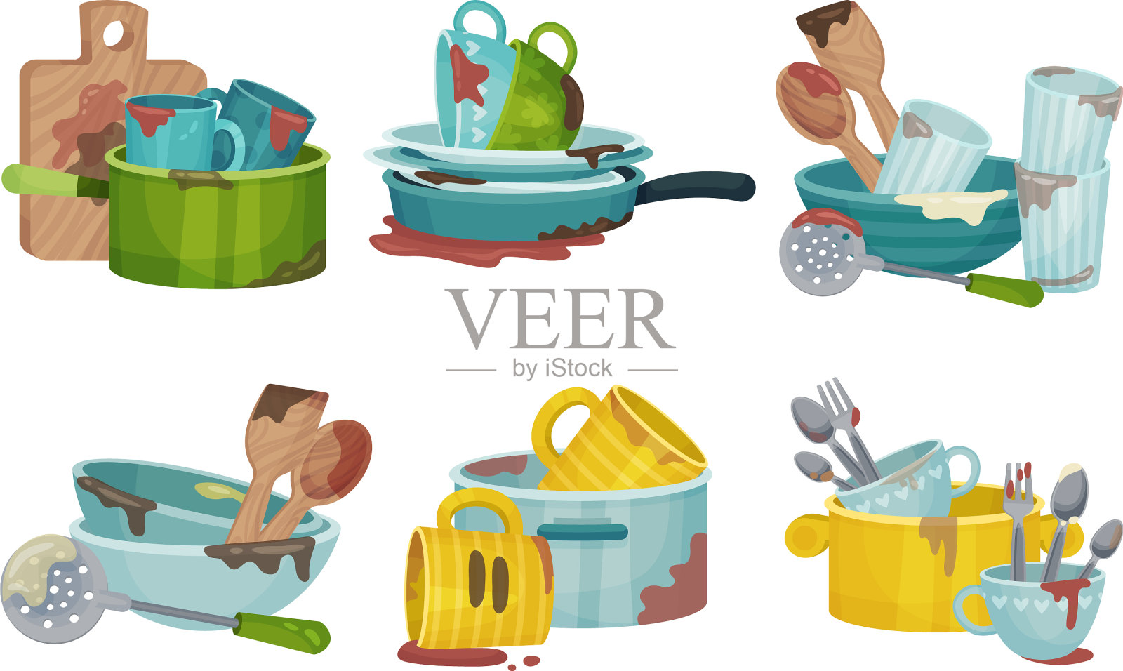 堆叠肮脏的厨房用具和餐具插画图片素材