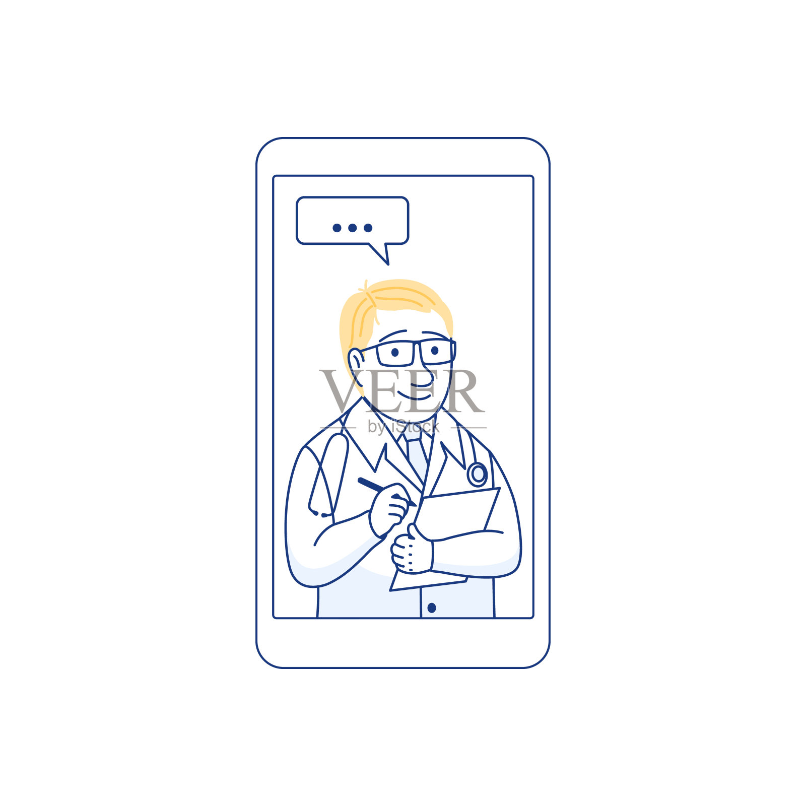男治疗师在智能手机聊天工具在线咨询。用检查表询问医生概念。在线医疗咨询咨询服务远程医疗心脏病学平线矢量插图插画图片素材