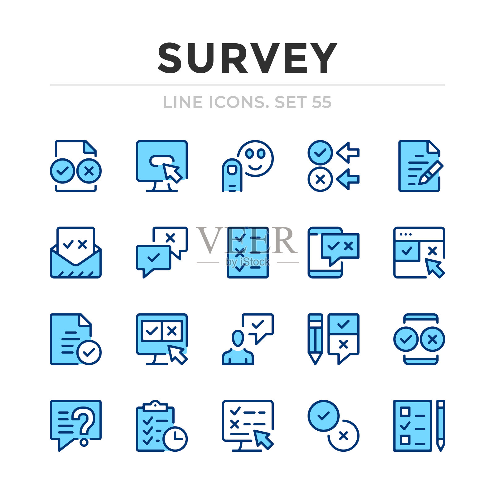 调查向量线图标集。细线的设计。轮廓图形元素,简单描边符号。调查显示图标图标素材
