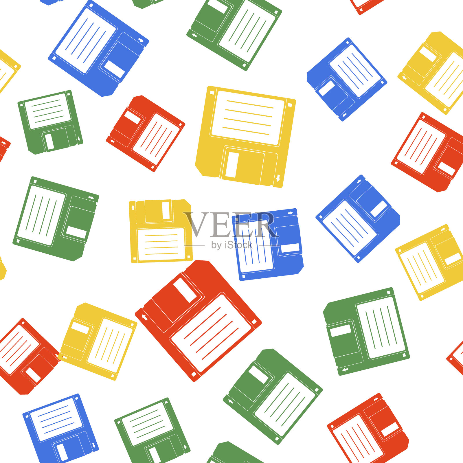 彩色软盘用于计算机数据存储,图标隔离无缝模式上的白色背景。软盘的迹象。向量插画图片素材