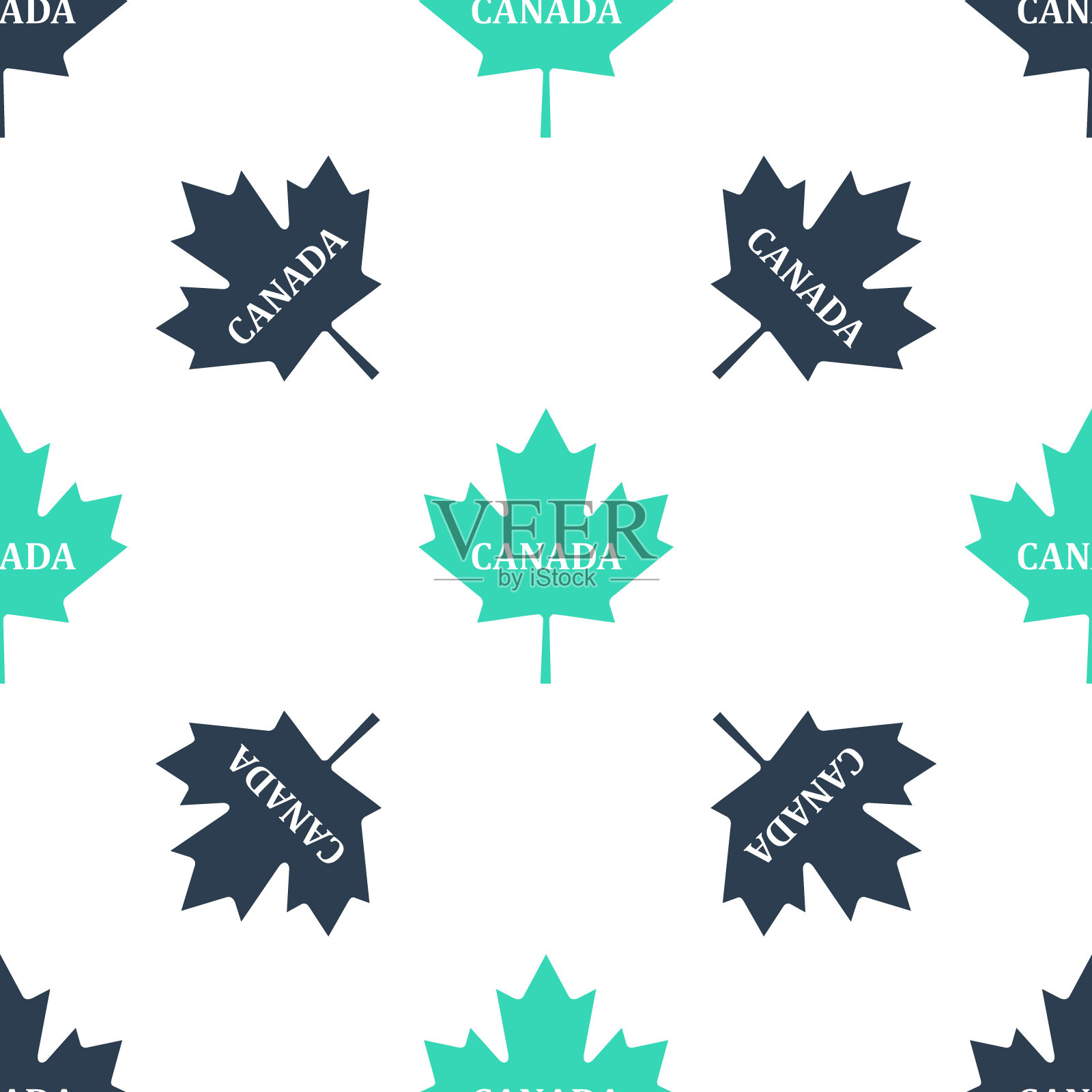 绿色的加拿大枫叶与城市名称加拿大图标隔离无缝模式在白色背景。向量插画图片素材