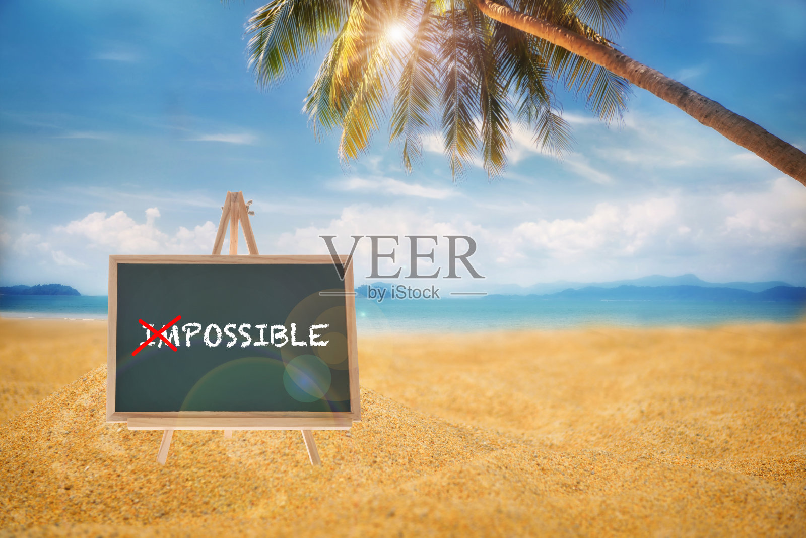 不可能的词没有我在黑板上热带海滩的背景照片摄影图片