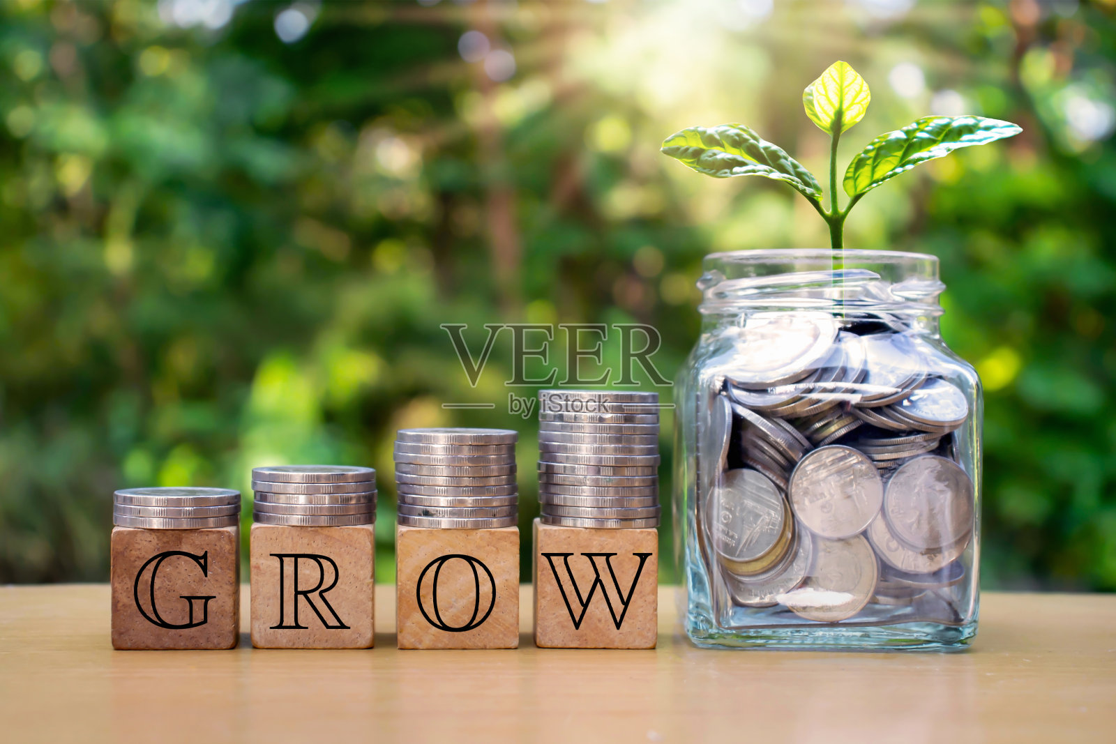 在与投资概念重叠的钱和硬币瓶子里种树。照片摄影图片