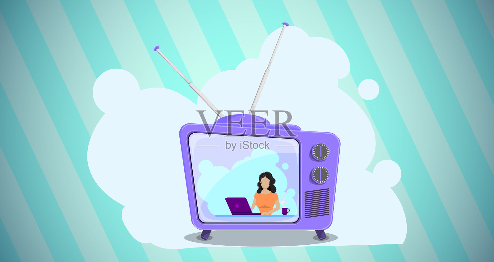 复古电视,有天线和插画图片素材