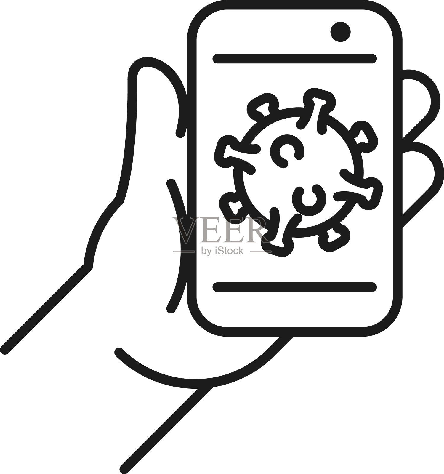 手持智能手机与新冠病毒线图标素材
