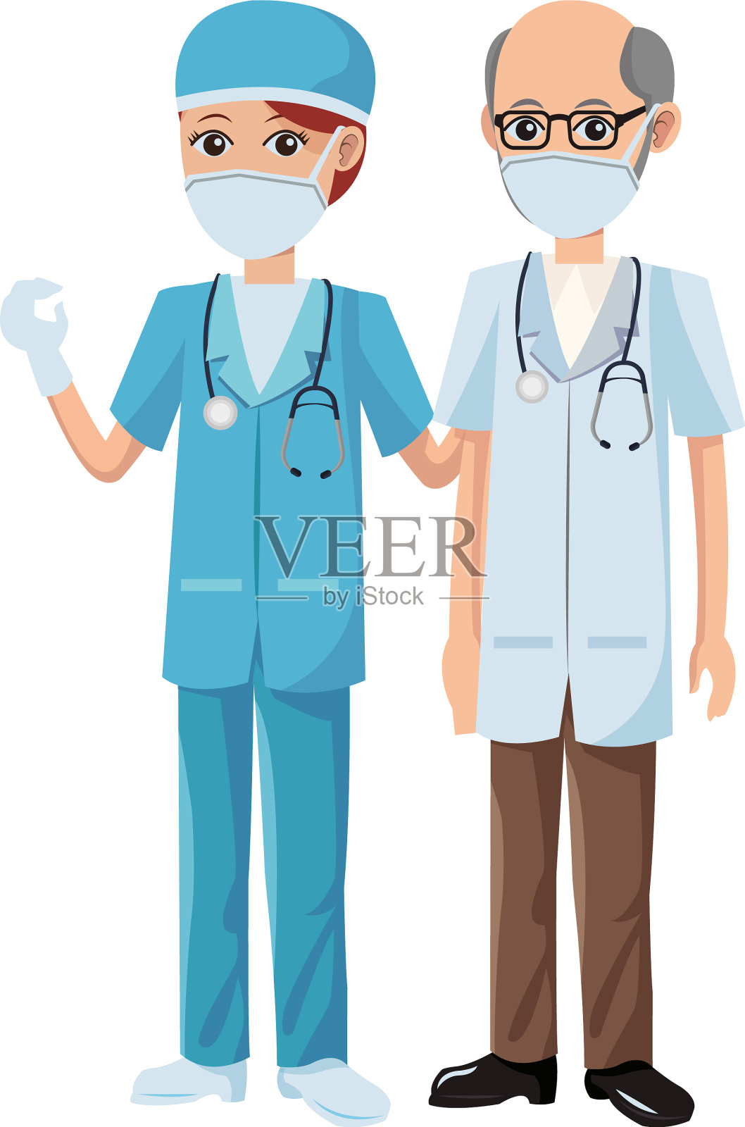 一对戴医用口罩的医生插画图片素材