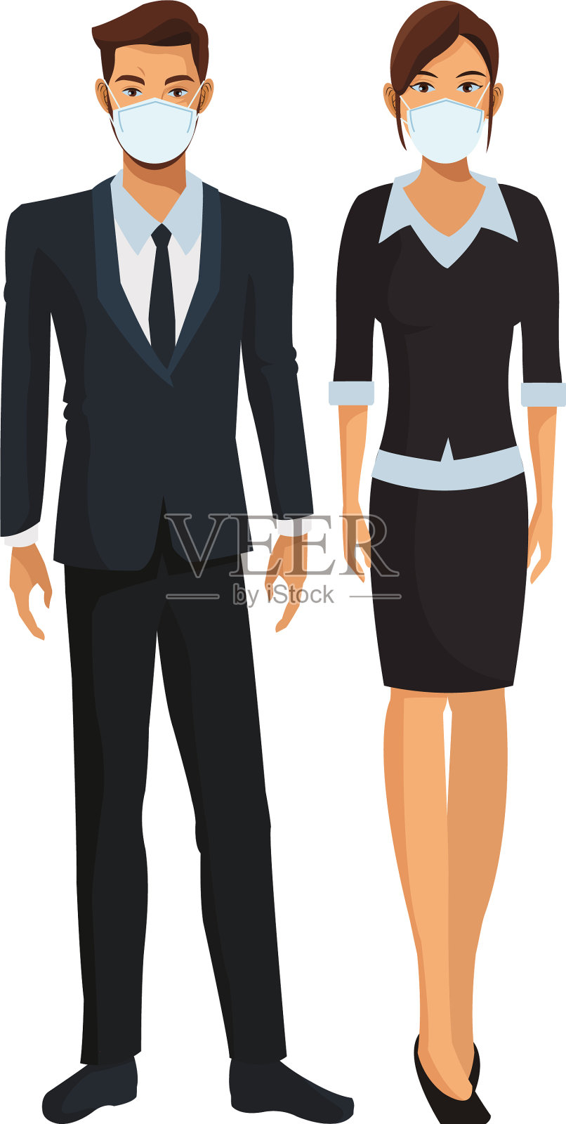 优雅的商务夫妇戴着医用口罩插画图片素材