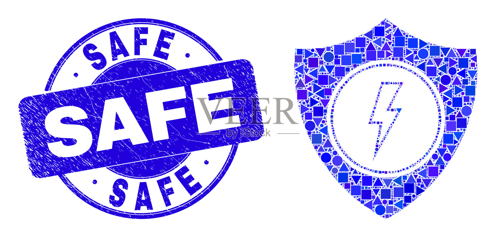 蓝色垃圾安全印章和电气屏蔽插画图片素材