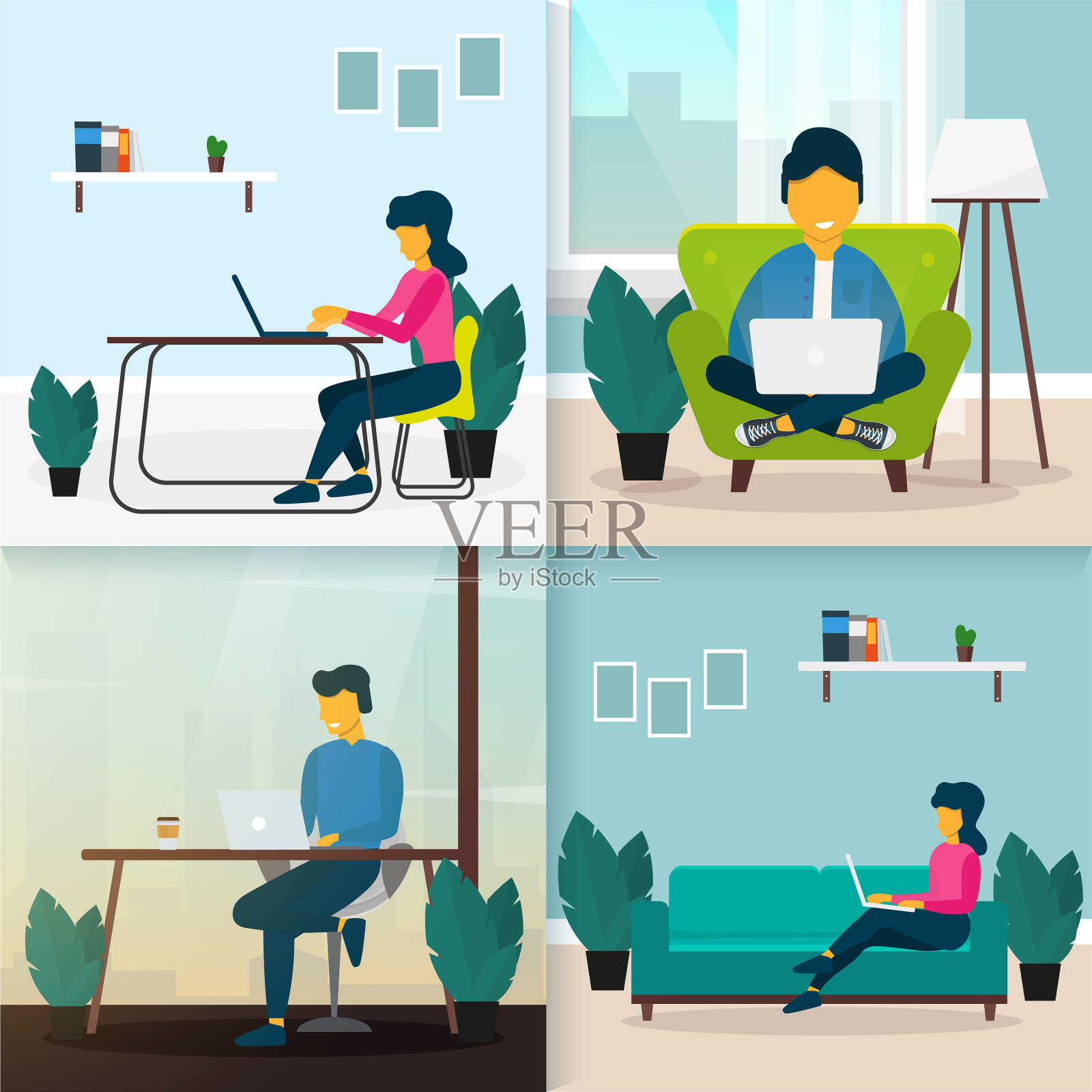 设定自由职业者或学习概念的人的工作插画图片素材