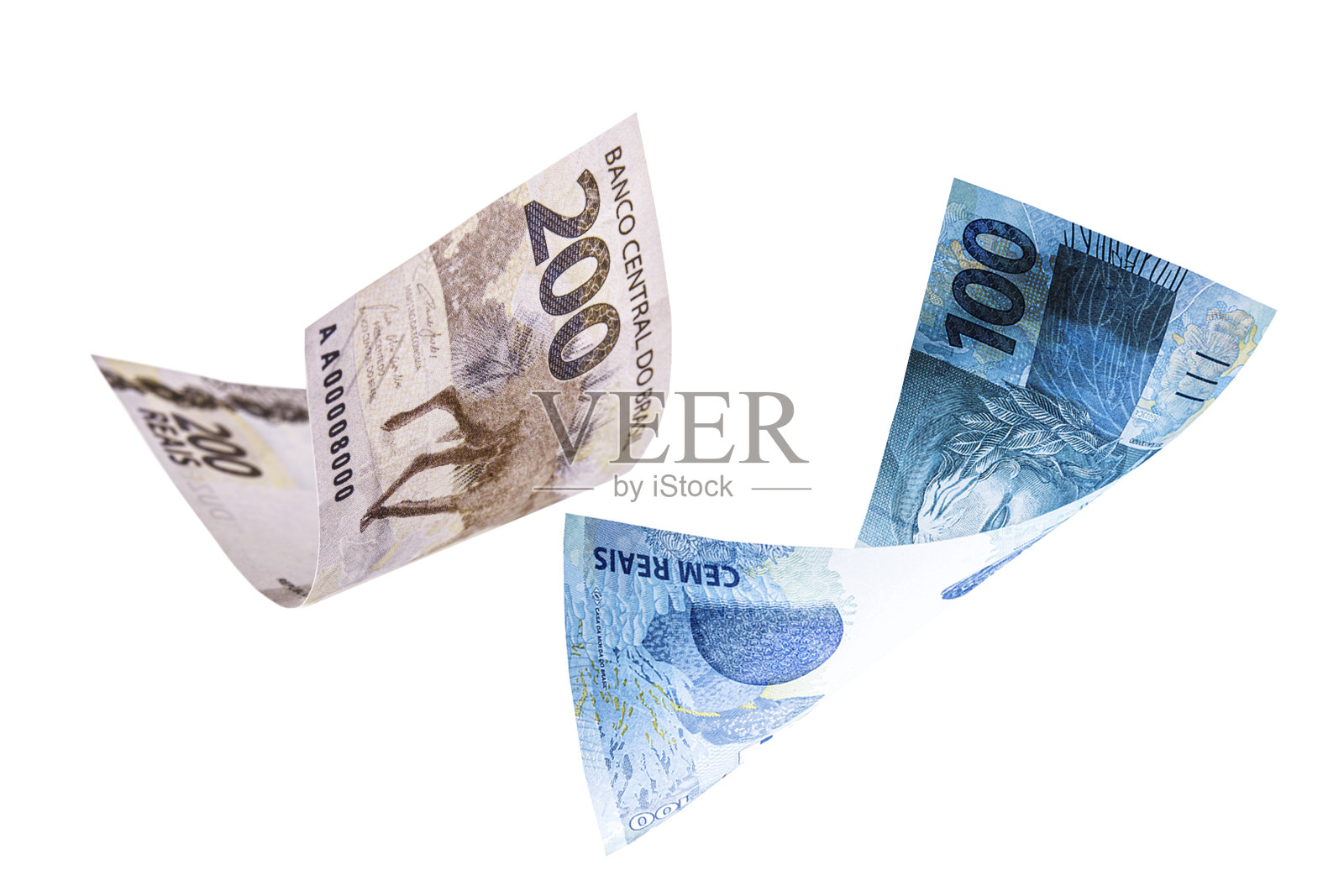 200和100雷亚尔钞票下落,200雷亚尔钞票从巴西孤立的白色背景,下落,金融危机的概念照片摄影图片