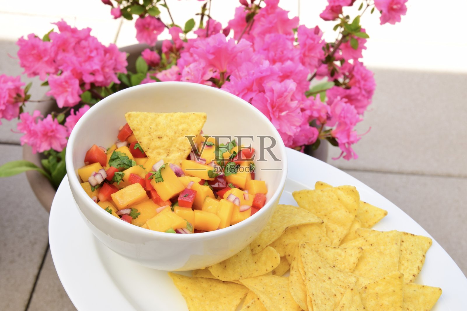 芒果辣酱和玉米片照片摄影图片