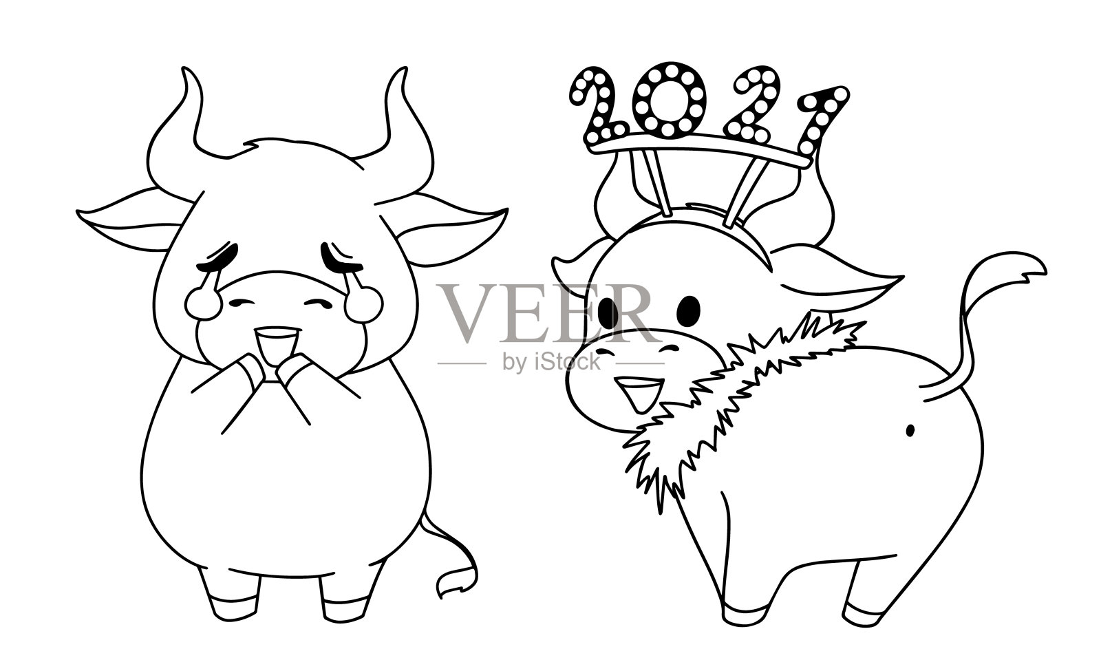 两只不同的小奶牛穿着圣诞服装。手绘轮廓矢量插图儿童着色书。插画图片素材