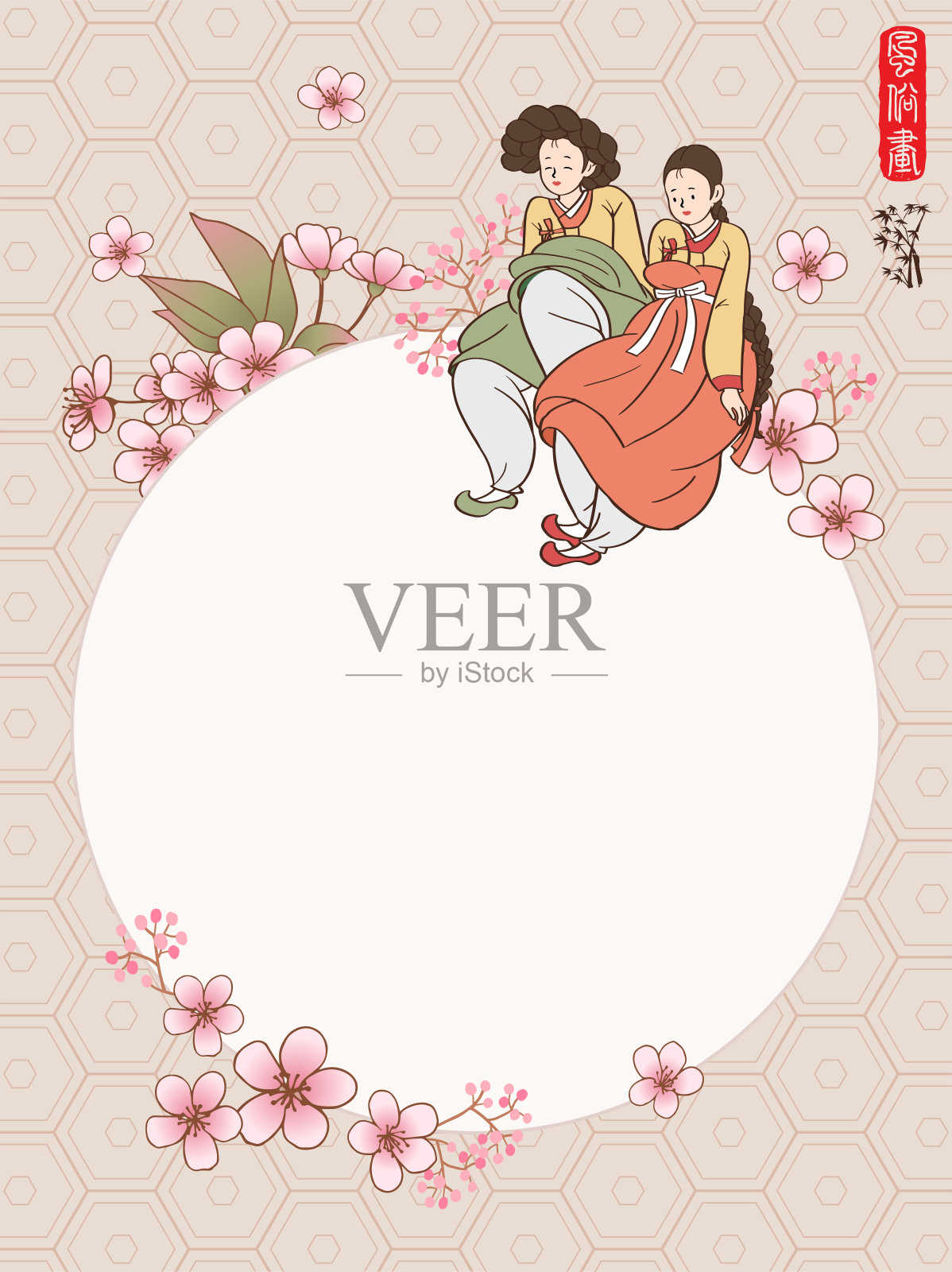 传统的韩国绘画风格。穿着传统韩国服装的妇女。樱花的背景。设计模板素材