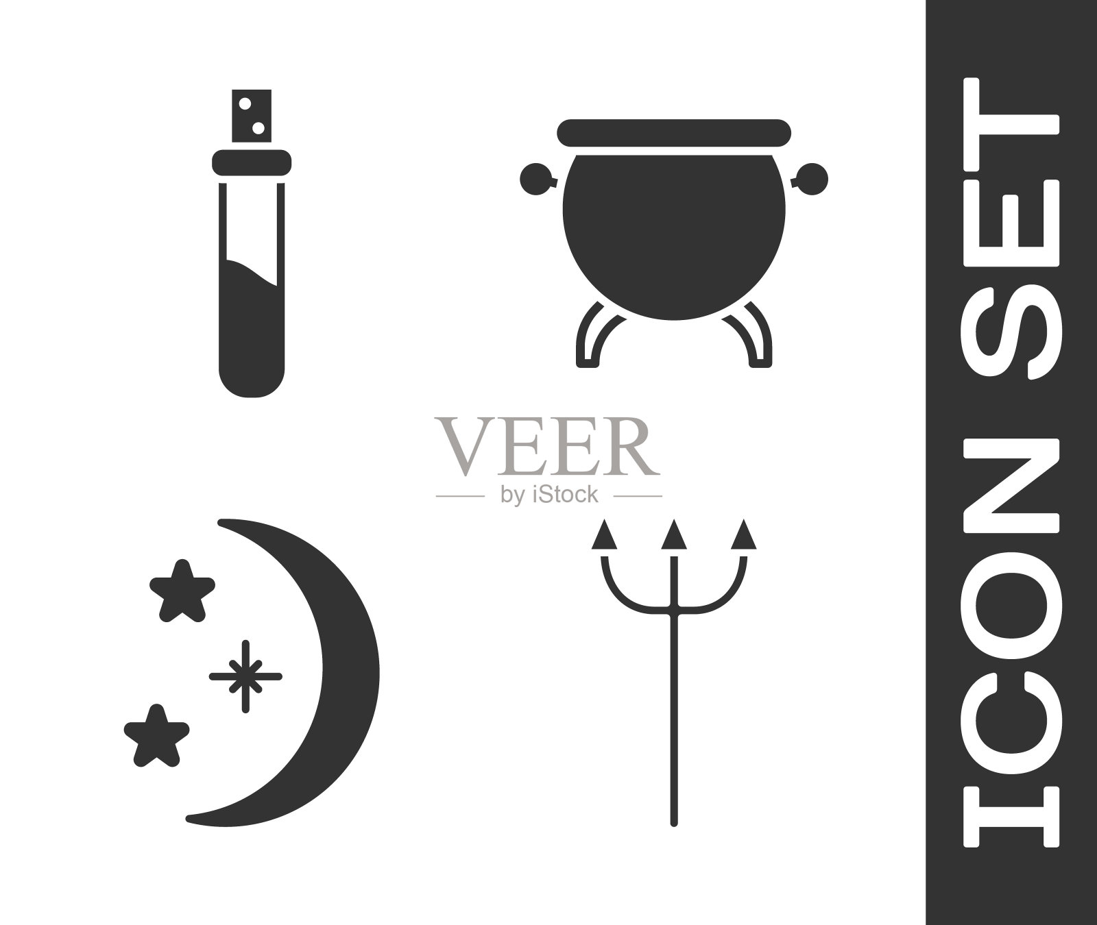 设置海王星三叉戟,瓶子与爱情药水,月亮和星星和女巫坩埚图标。向量图标素材