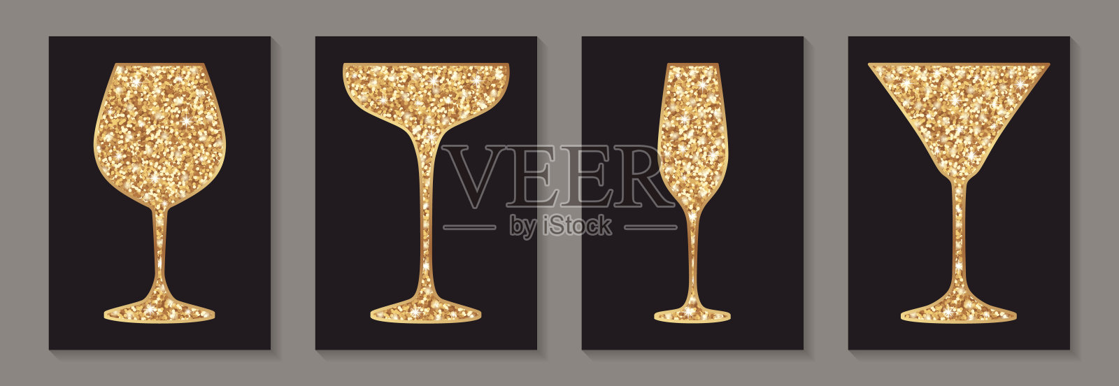 金光闪闪的葡萄酒和鸡尾酒杯。插画图片素材