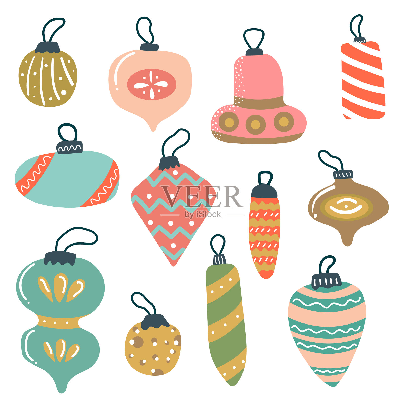 一套手绘圣诞玩具。平坦的插图。插画图片素材