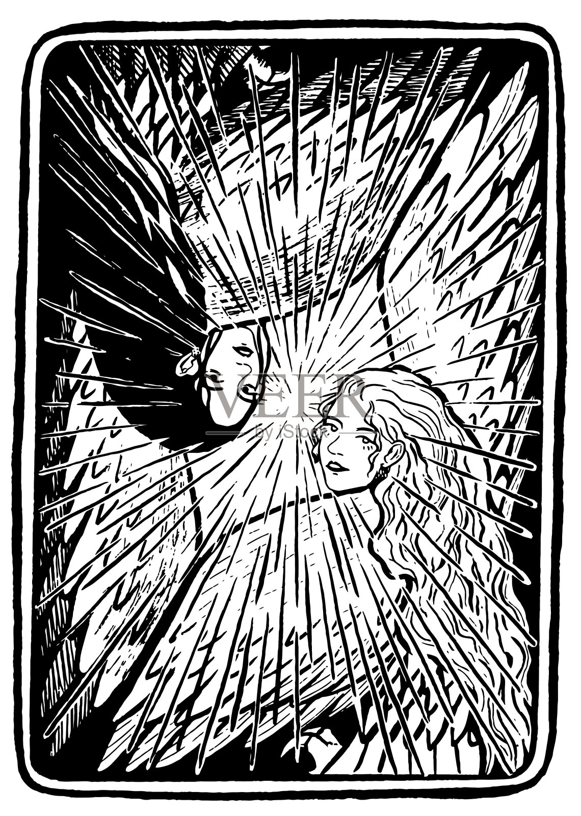 复古风格矢量插图。神话和传说中的人物。女性鸟类。手绘的奇妙图形。美丽的塞壬素描。海报、印刷品、明信片、t恤等设计。插画图片素材