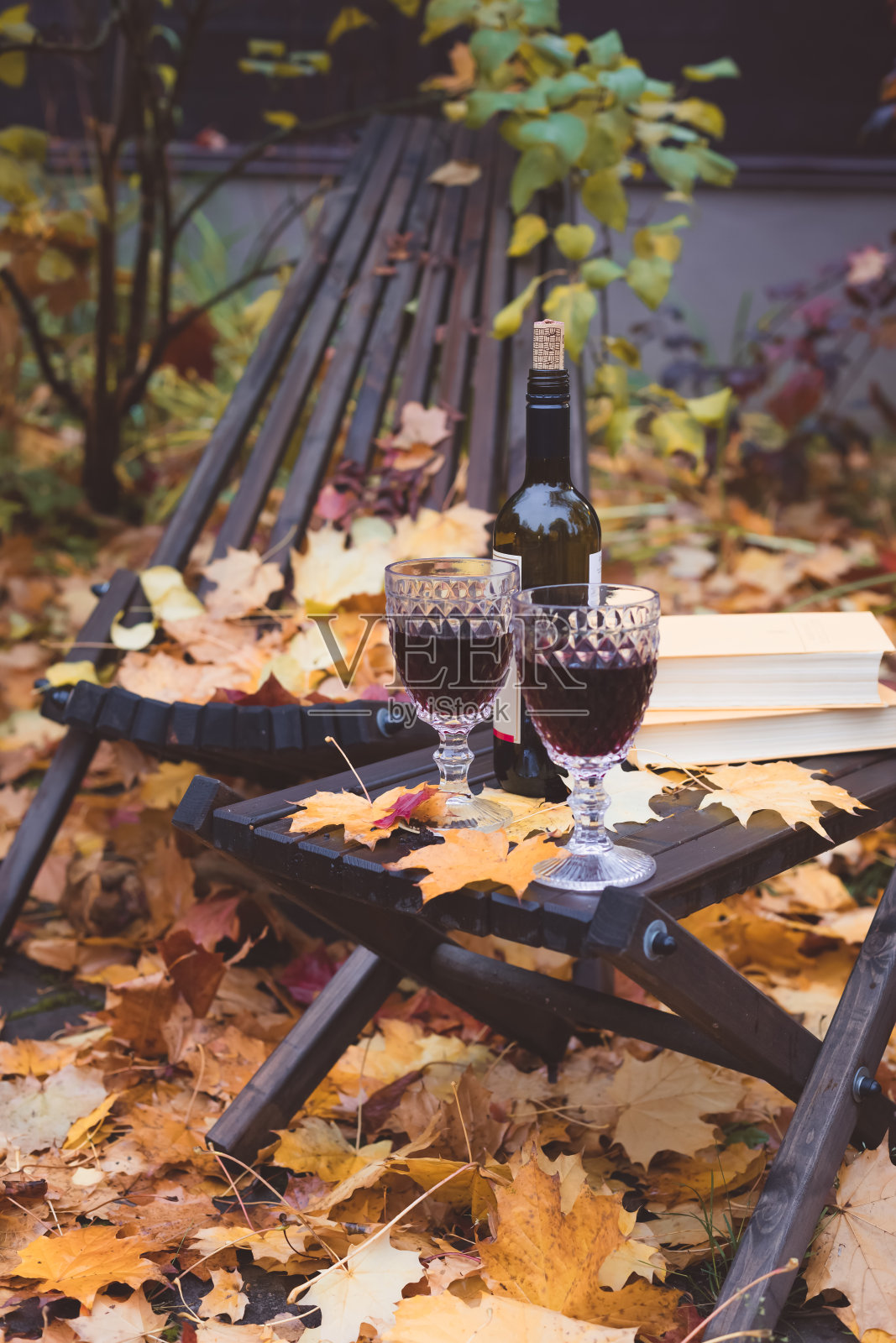 秋季主题的节日餐桌安排两杯红色的,书和枫叶照片摄影图片