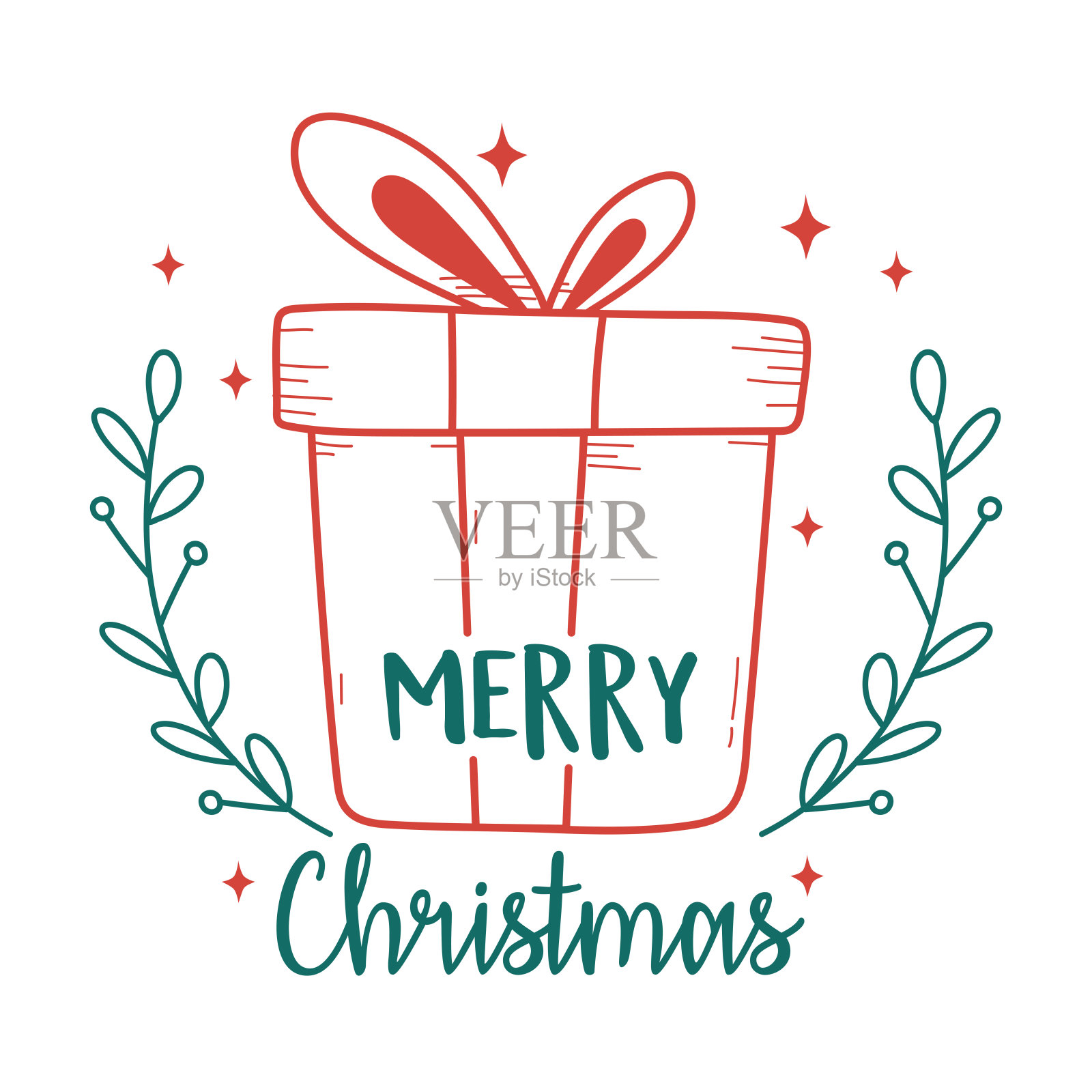 圣诞礼品盒枝叶装饰卡插画图片素材