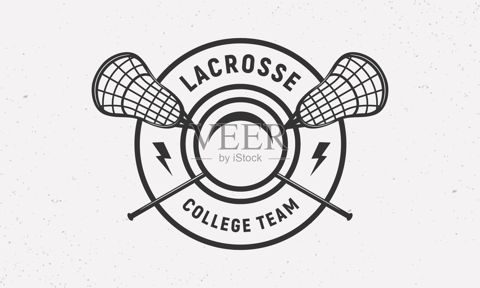 曲棍球标志复古模板与交叉棍棒,球和雷电。长曲棍球棒和球隔离在白色背景。插画图片素材