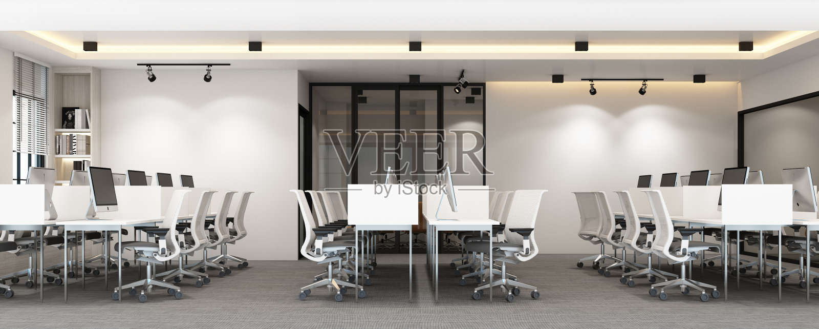 工作区域在现代化的办公室,地毯地板和会议室。室内三维渲染照片摄影图片