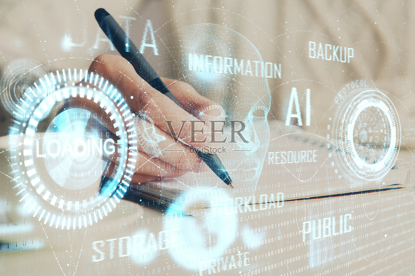 书写双手在背景上双重曝光,数据解决全息图在前面。技术的概念。近距离照片摄影图片