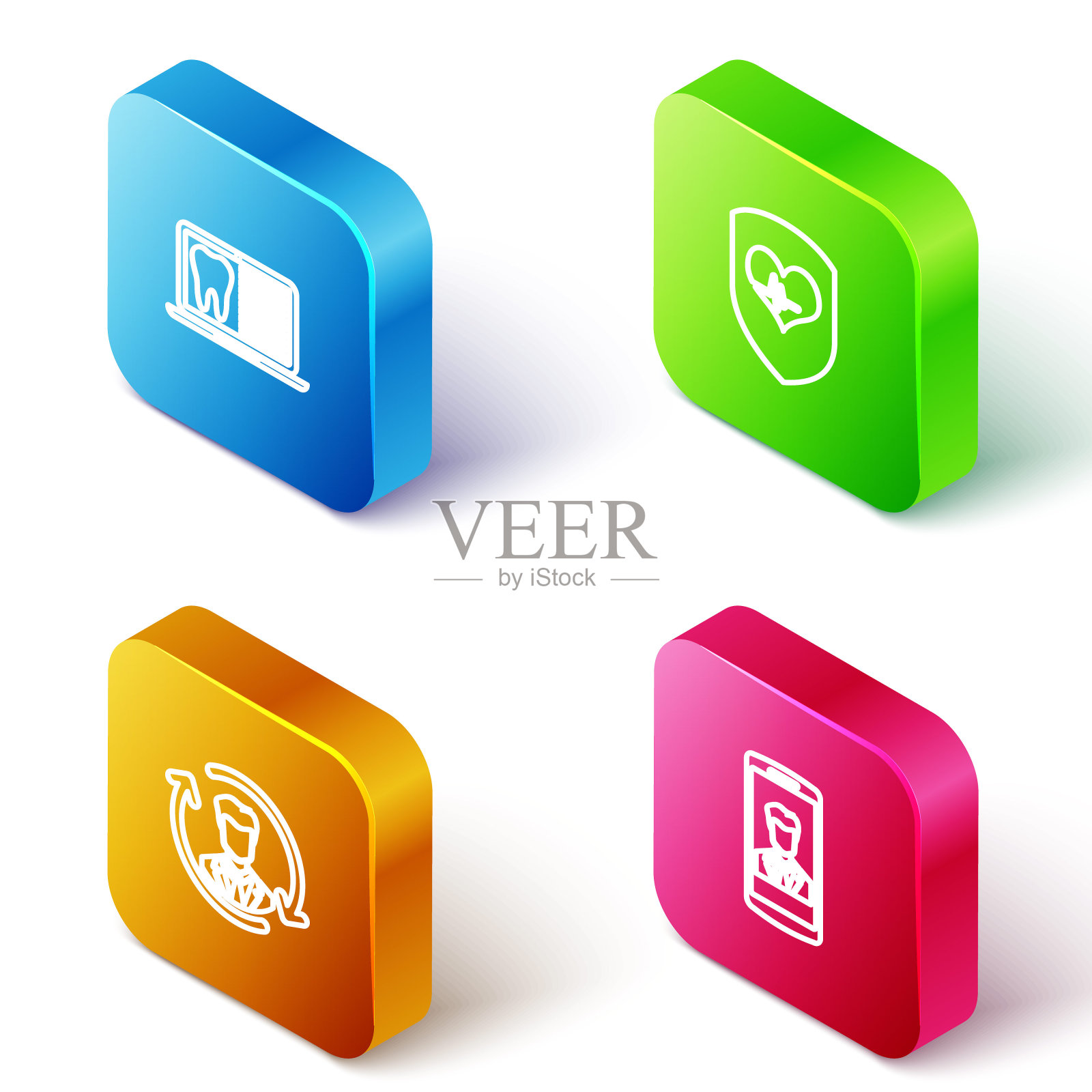 设置等距线笔记本与牙科卡,盾和心率,人力资源和智能手机联系图标。向量图标素材