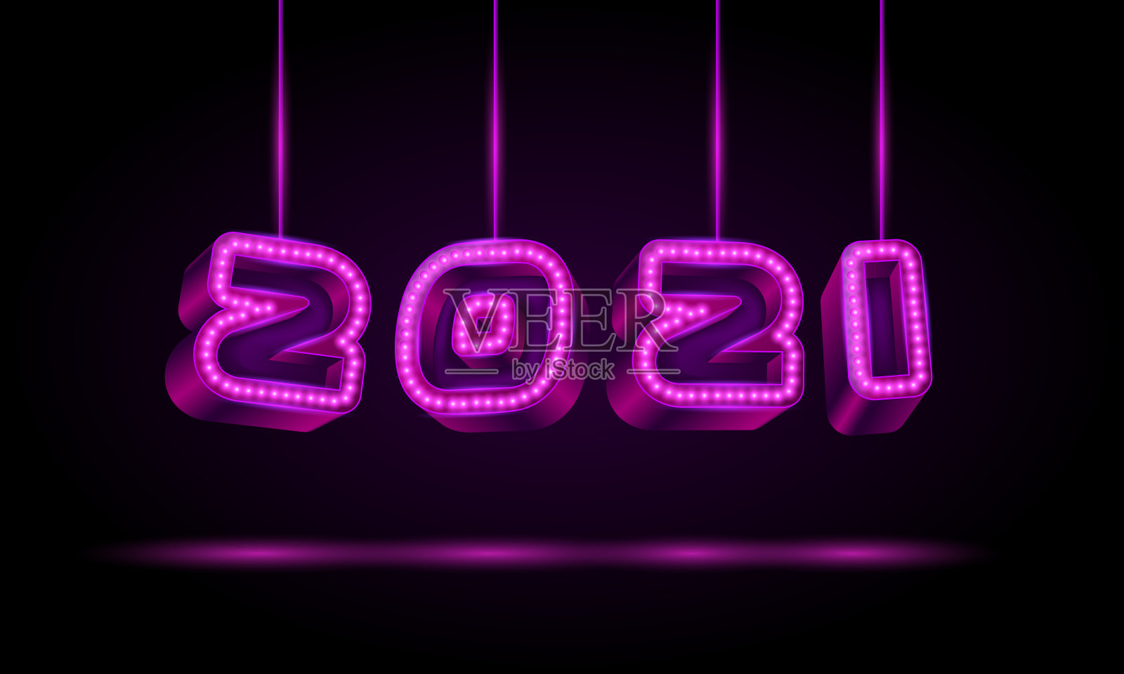 2021文字设计与霓虹灯复古灯泡。新年快乐3D紫罗兰文本暂停线程。霓虹风格矢量插图。插画图片素材