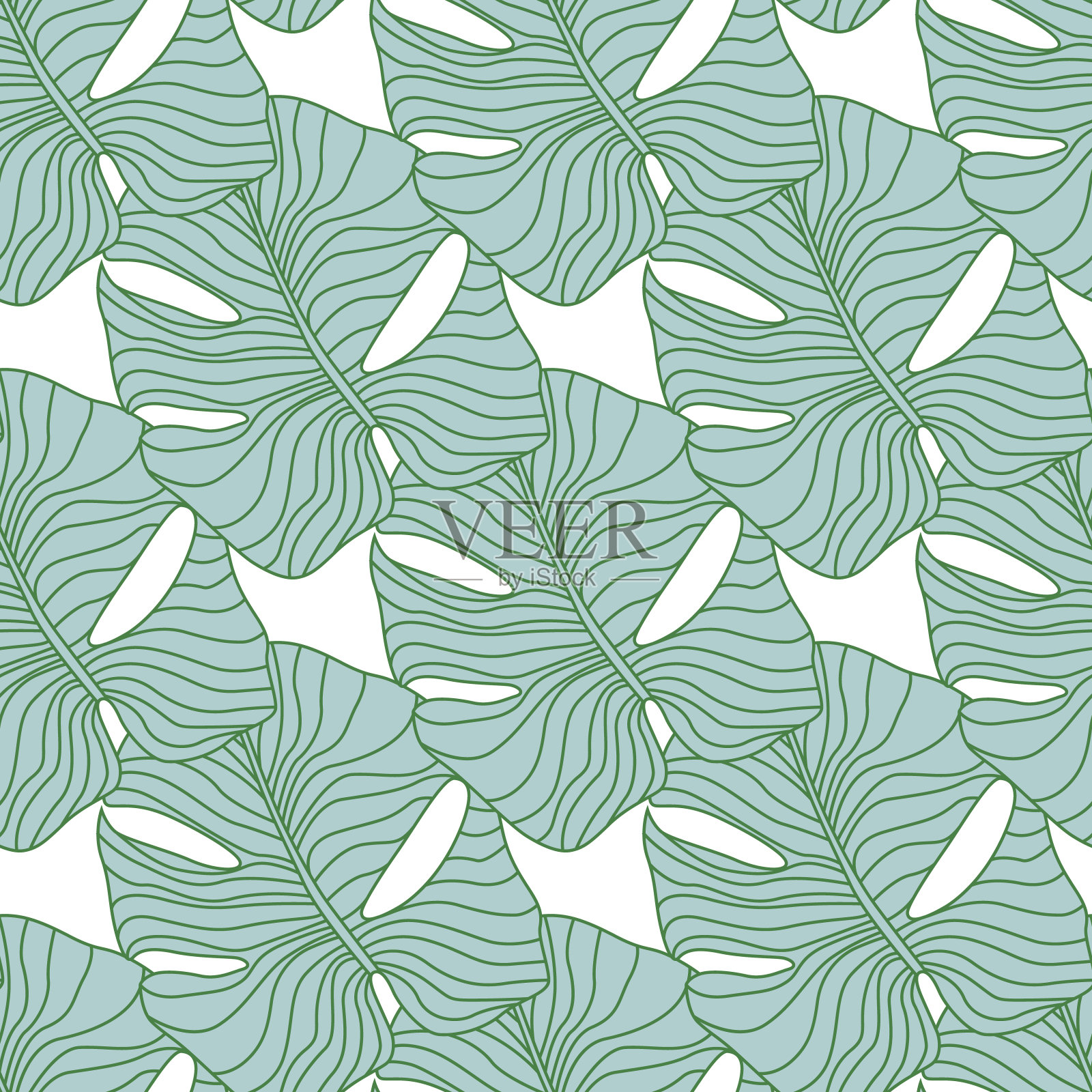 孤立的无缝涂鸦图案与蓝色轮廓怪物形状。白色背景。热带植物艺术品。插画图片素材