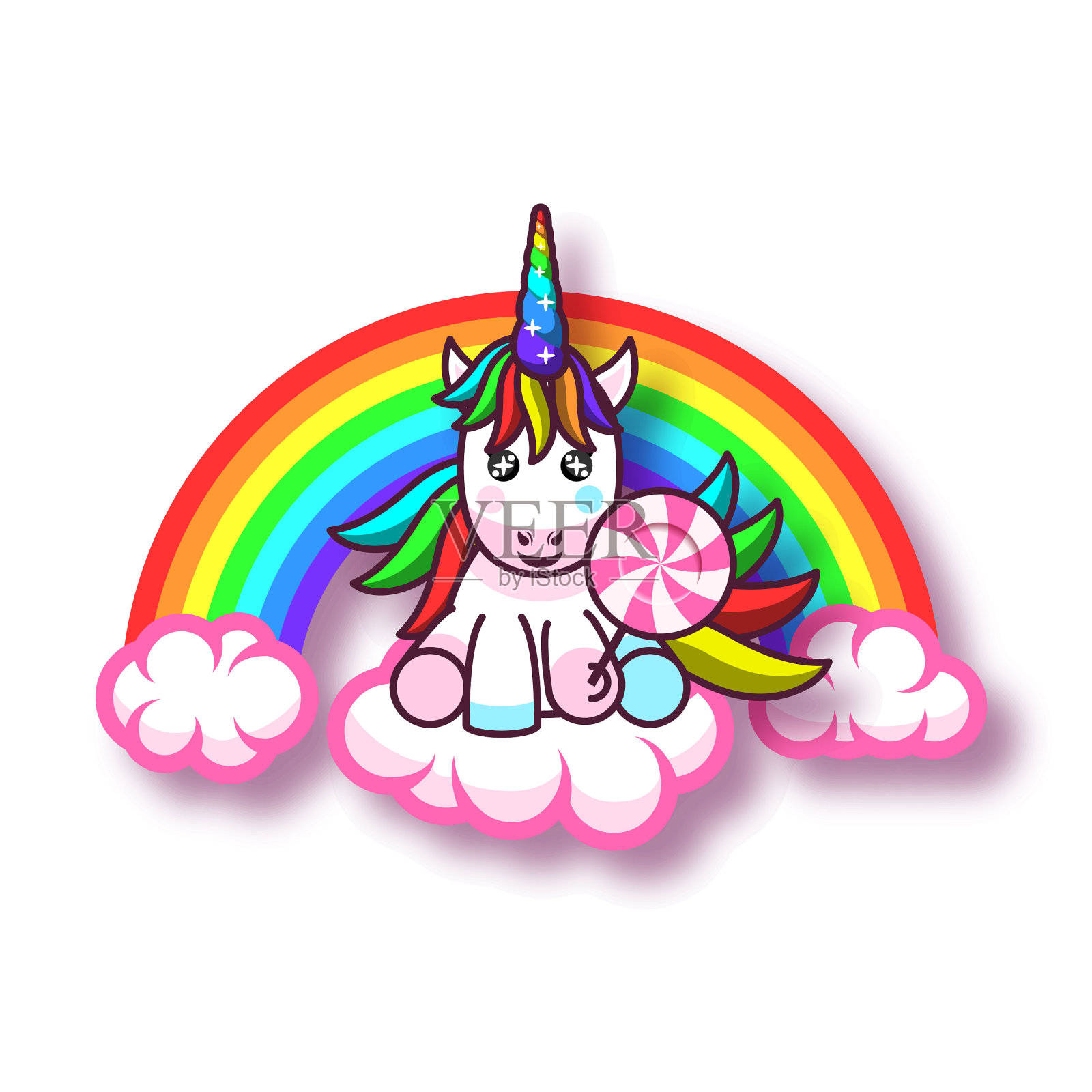 神话抽象剪纸颜色可爱的独角兽在云角糖果阴影矢量设计卡风格插画图片素材