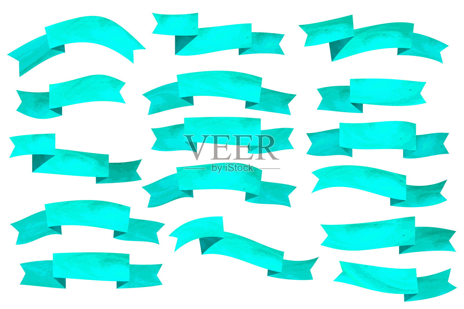 一套蓝色扁平丝带孤立在白色背景。丝带横幅矢量插图。水彩花边。插画图片素材