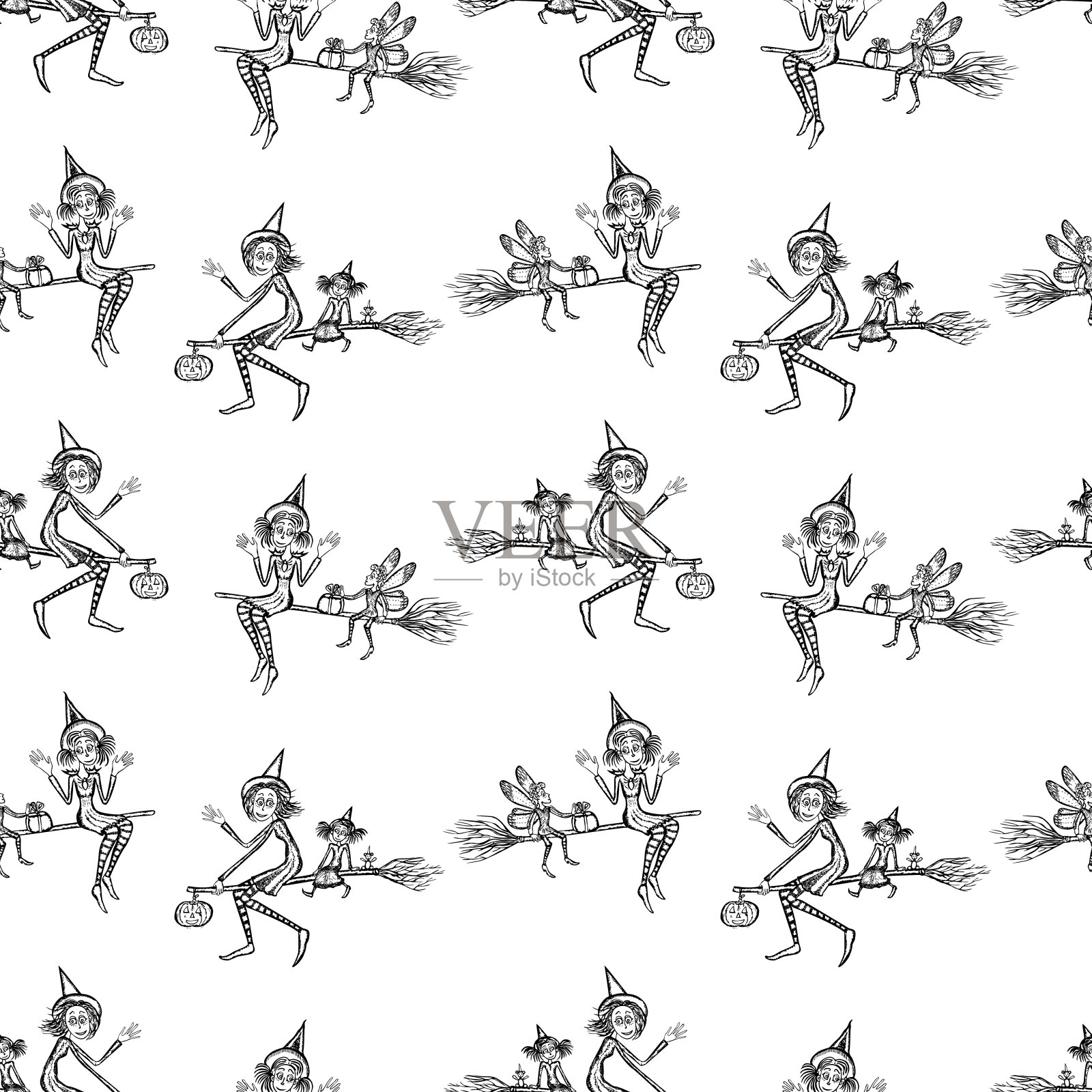 欢乐的女巫在扫帚上飞行的无缝背景插画图片素材