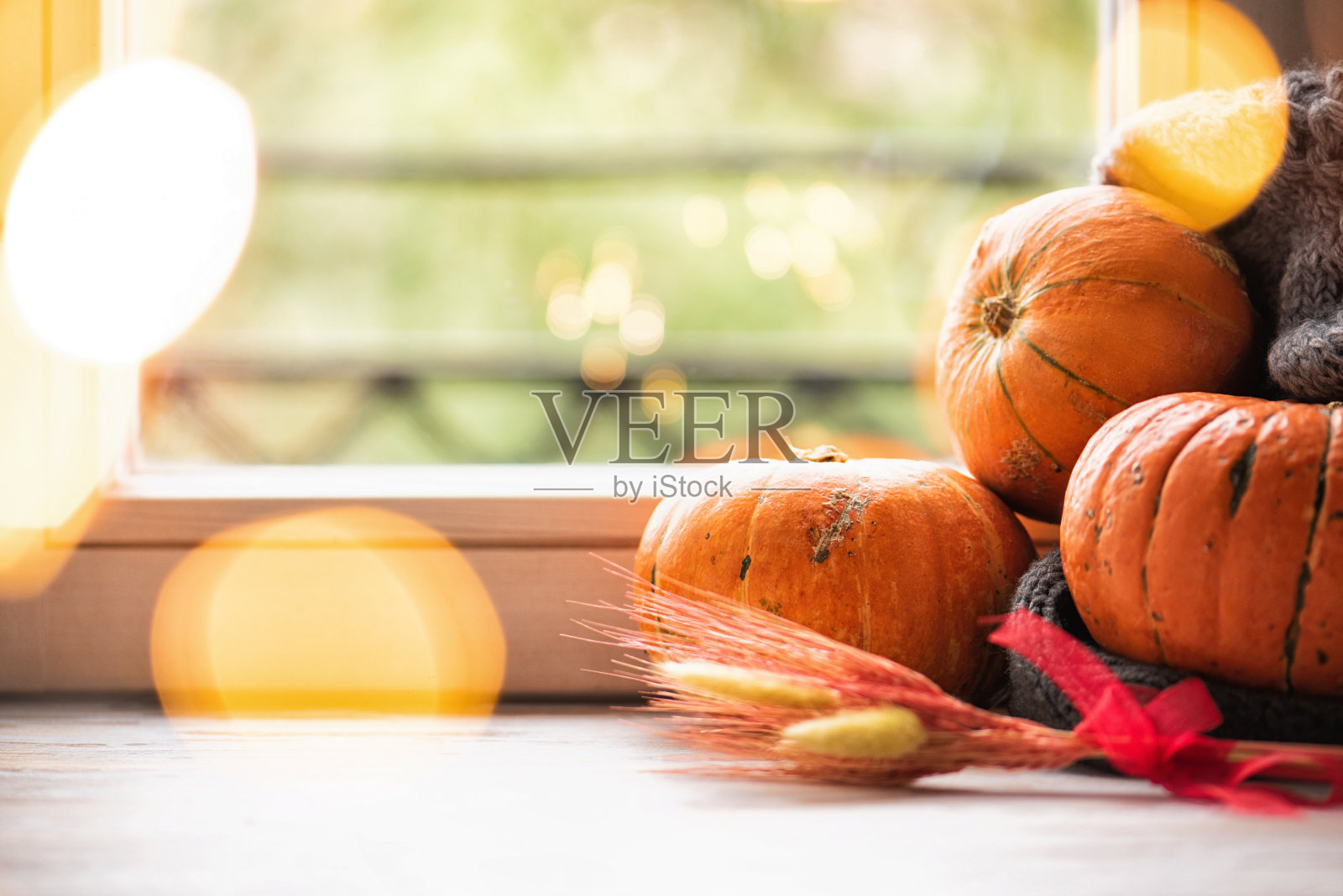 窗台上放南瓜,外面下雨。秋天季节装饰照片摄影图片