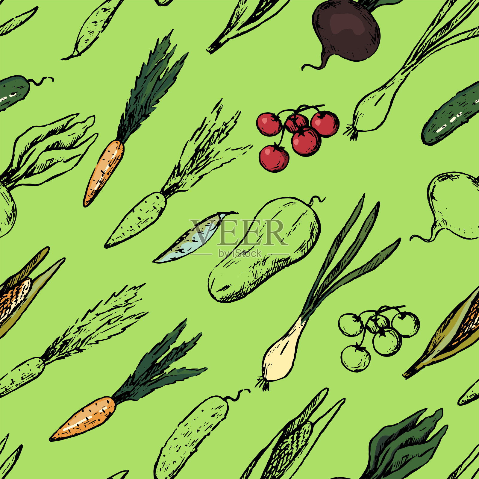 秋收,蔬菜涂鸦无缝图案。手绘矢量壁纸在复古素描风格。抽象的彩色植物装饰。用于设计印刷,背景,包装,纺织,装饰。插画图片素材