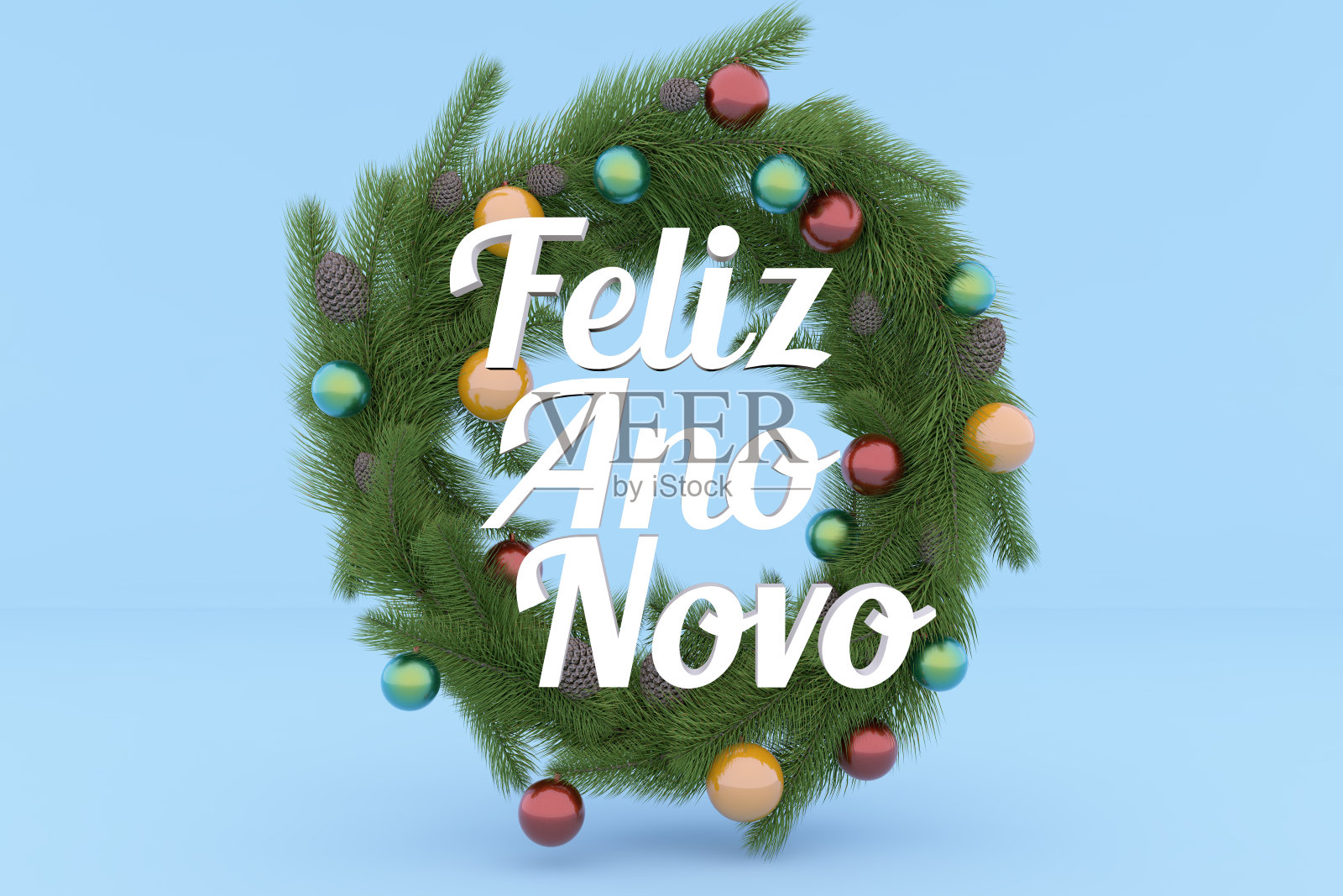 圣诞花环在浅蓝色的背景。照片摄影图片