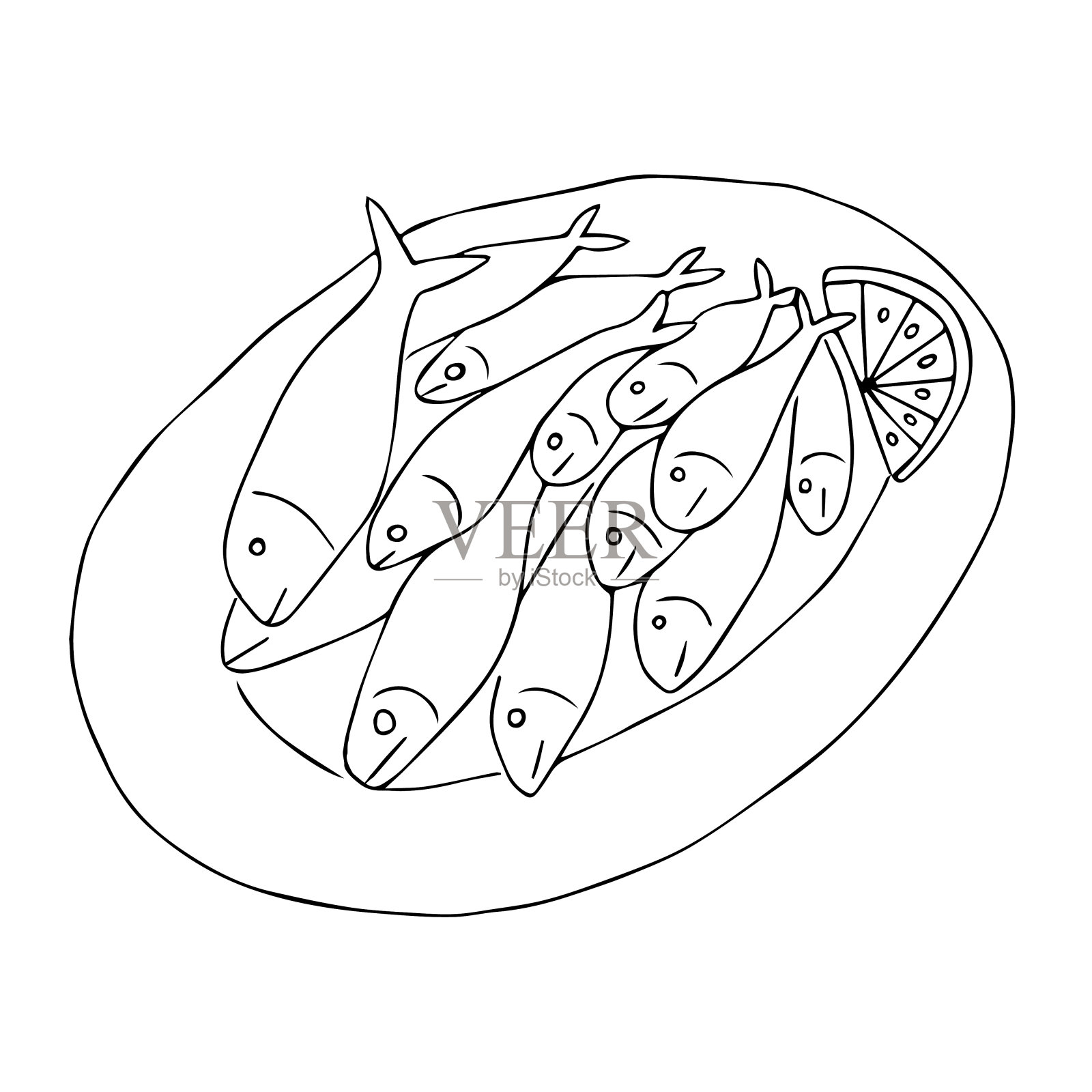 黑色手绘轮廓矢量插图的油炸鱼在盘子上与柠檬孤立的白色背景假日或晚餐烹饪书插画图片素材