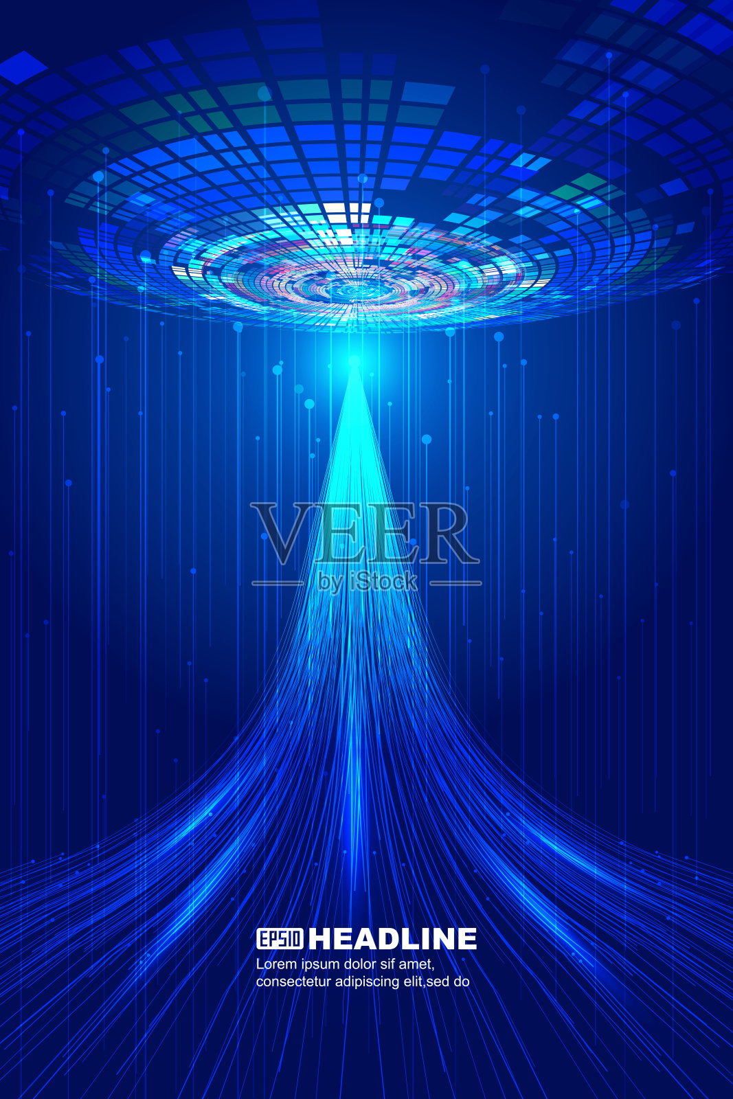 向上的线条和螺旋形的正方形构成了空间感的技术背景。插画图片素材