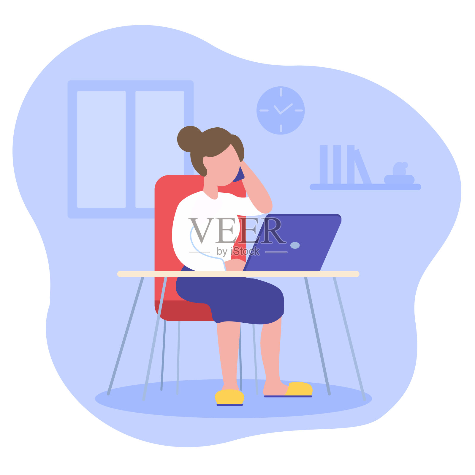 年轻女子坐在书桌上,手提电脑和接听电话的业务电话。自由职业者,在家远程工作,在线工作和家庭办公室。检疫的概念。矢量插图。插画图片素材